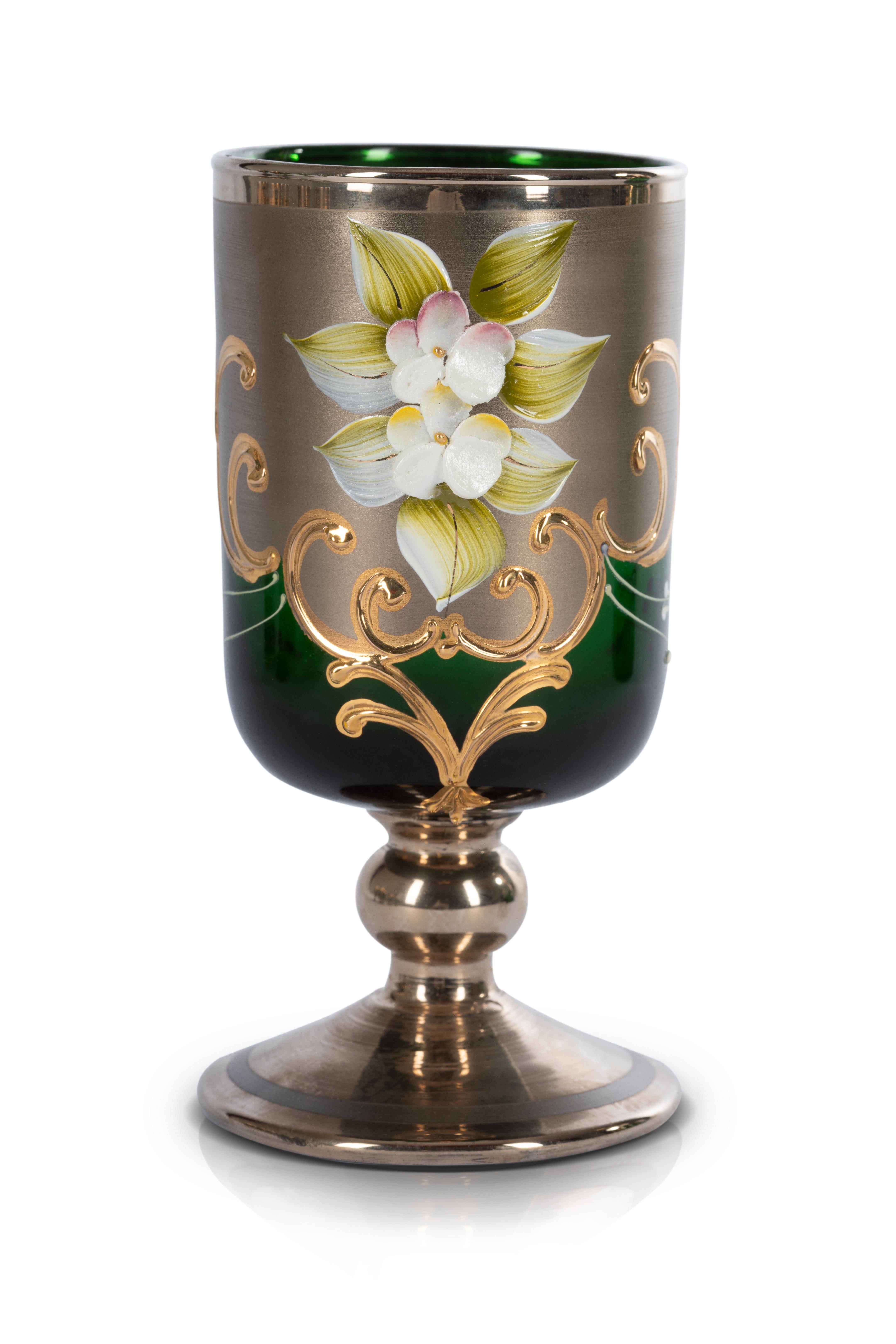 Cloissoné Murano Tre Fuochi Set Art Glass, Hand Decored Tumblers and Pitcher Cloisonne For Sale