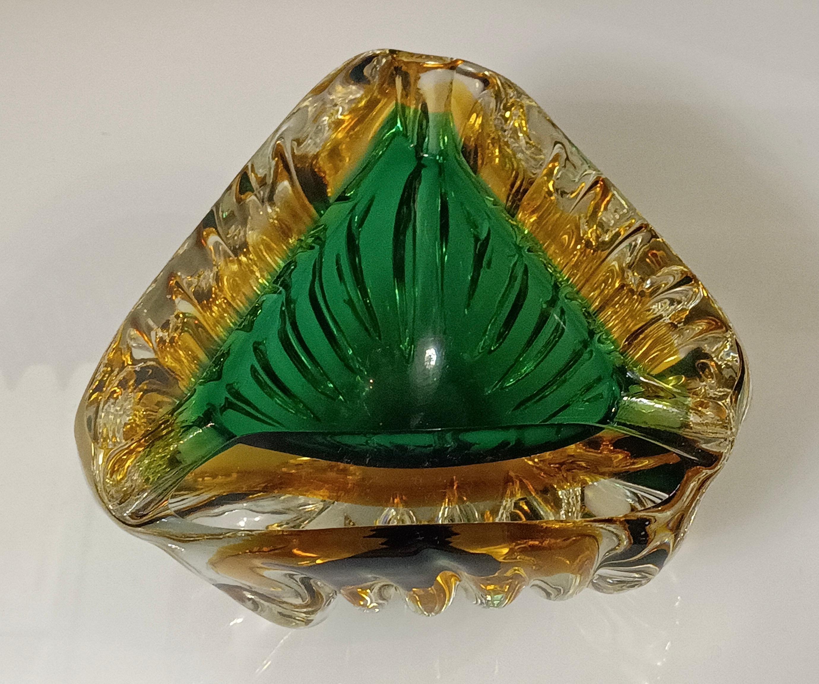 Mid-20th Century Murano Triangular Green and Yellow Glass Ashtray, 1960 For Sale