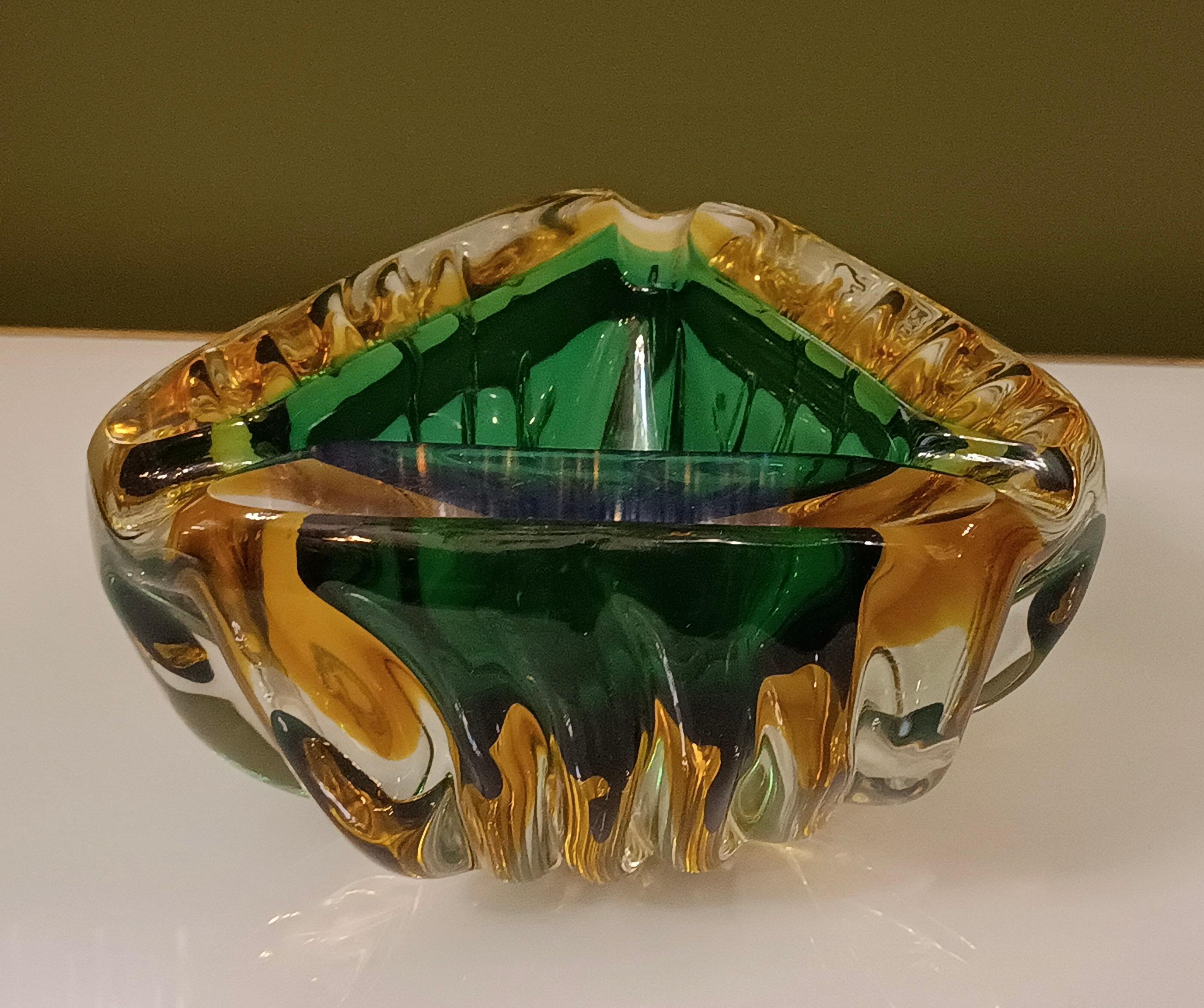 Murano Glass Murano Triangular Green and Yellow Glass Ashtray, 1960 For Sale