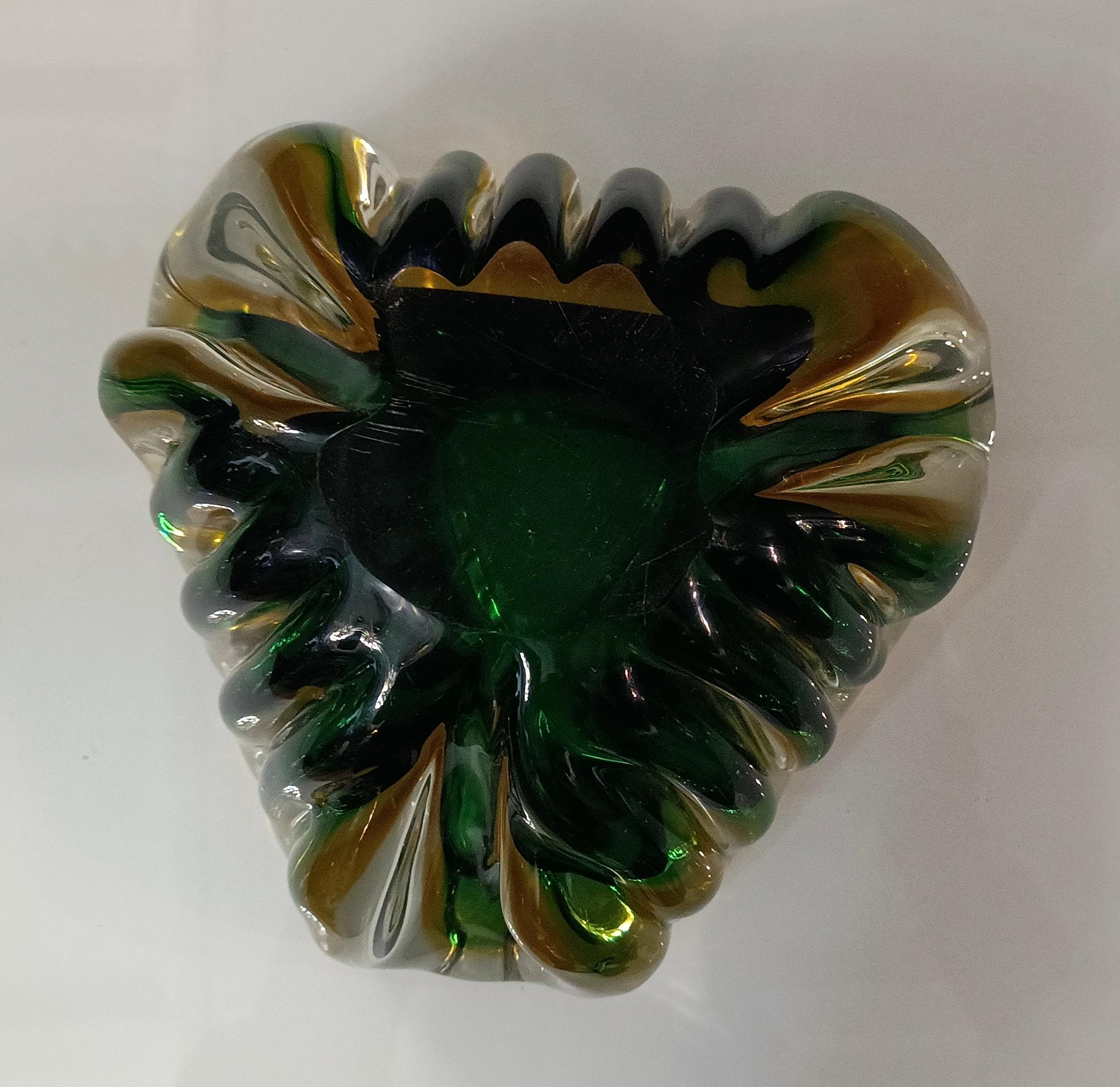 Murano Triangular Green and Yellow Glass Ashtray, 1960 For Sale 1