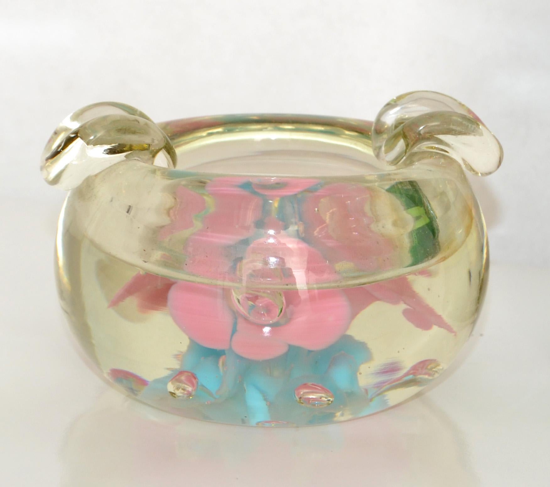 Mid-Century Modern Murano Triple Cased Flower Pink & Baby Blue Glass Bowl Italy Mid-Century 1960s For Sale