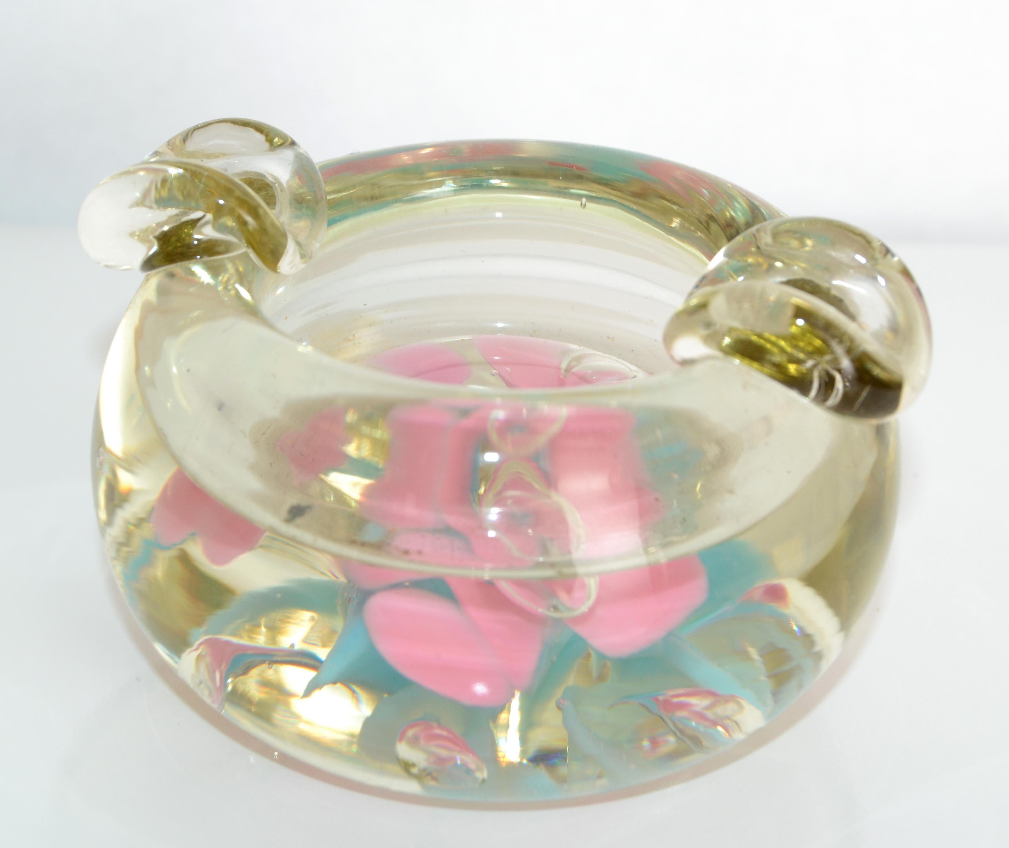 Italian Murano Triple Cased Flower Pink & Baby Blue Glass Bowl Italy Mid-Century 1960s For Sale