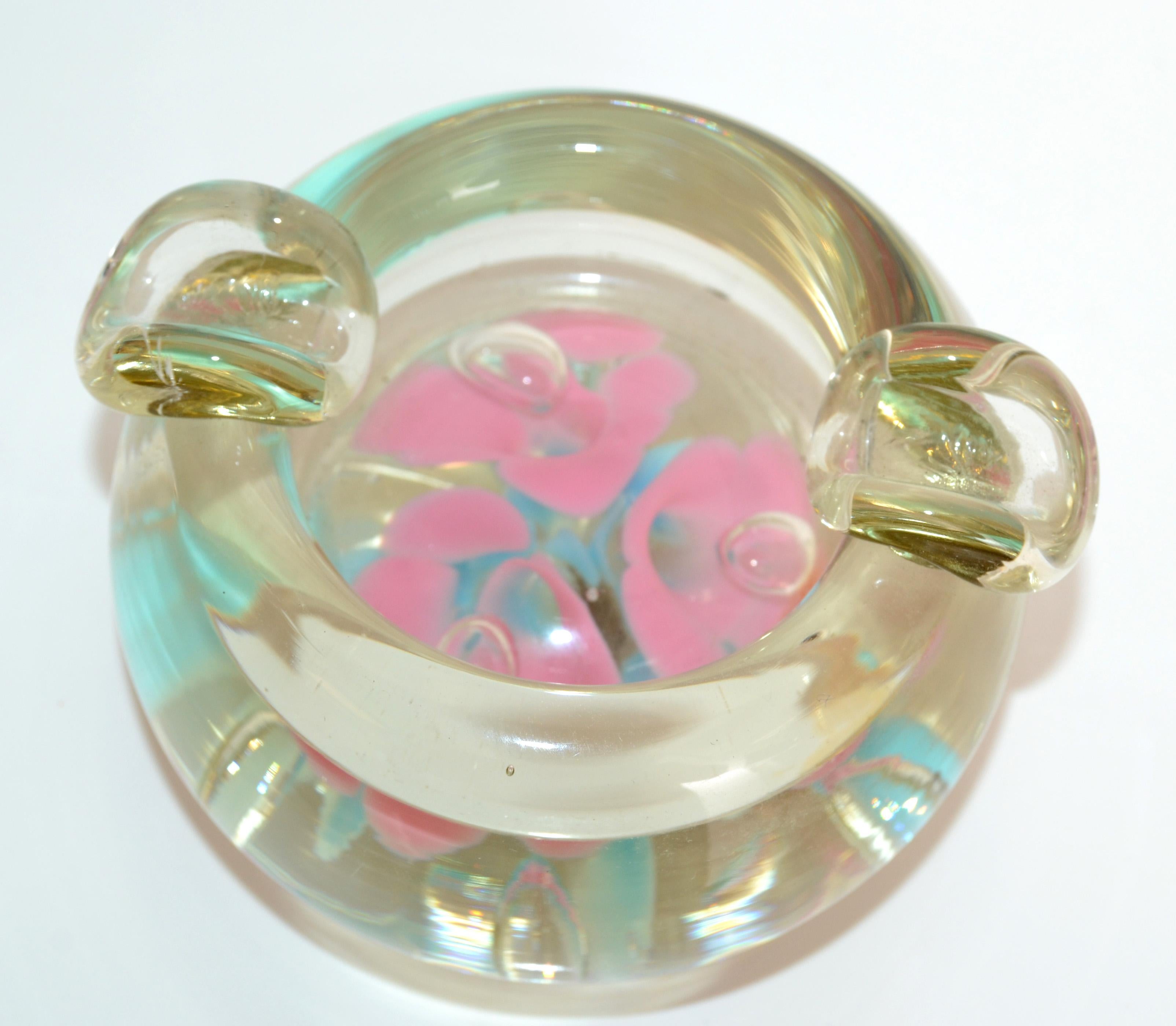 Murano Triple Cased Flower Pink & Baby Blue Glass Bowl Italy Mid-Century 1960s In Good Condition For Sale In Miami, FL