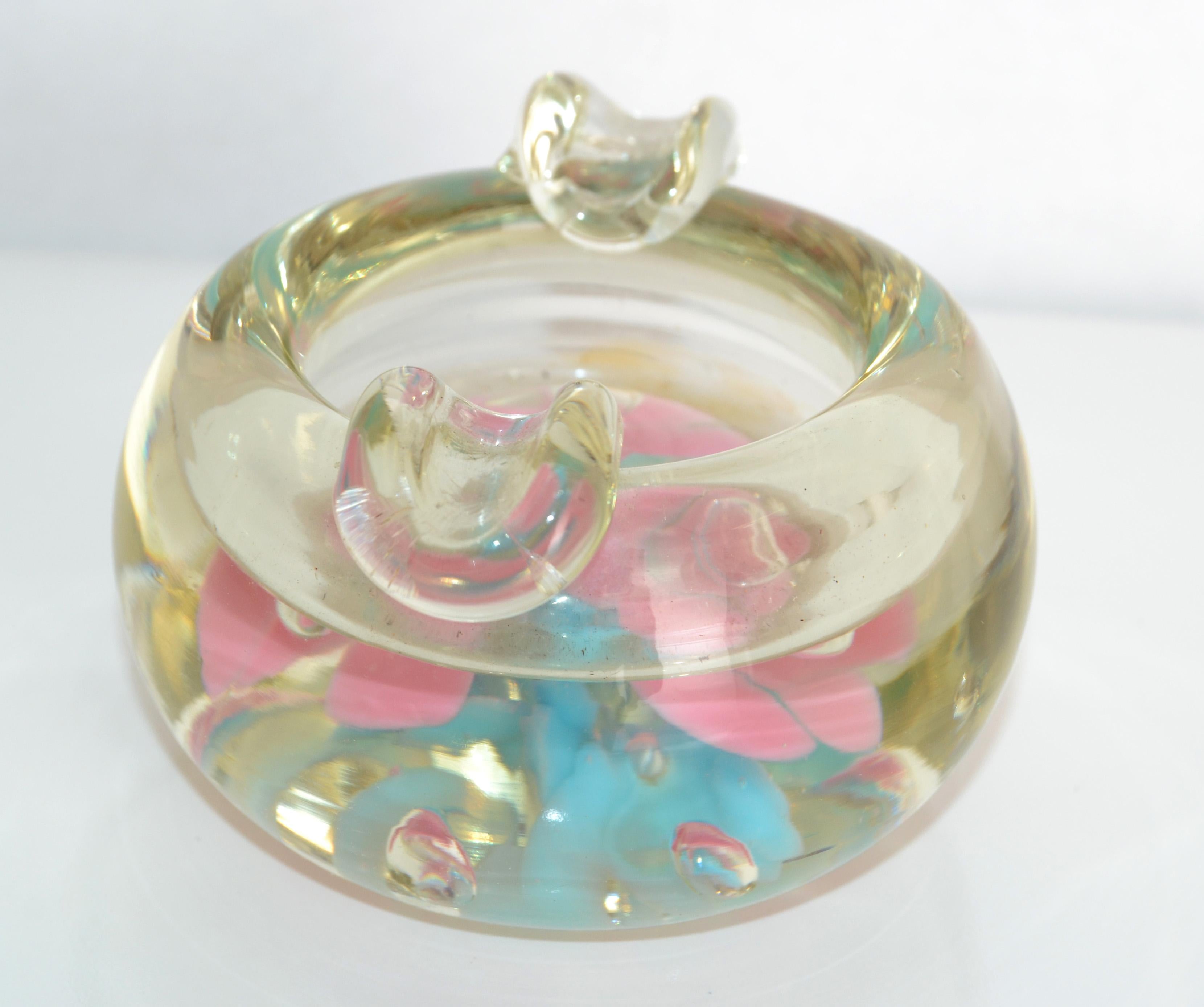 Murano Glass Murano Triple Cased Flower Pink & Baby Blue Glass Bowl Italy Mid-Century 1960s For Sale