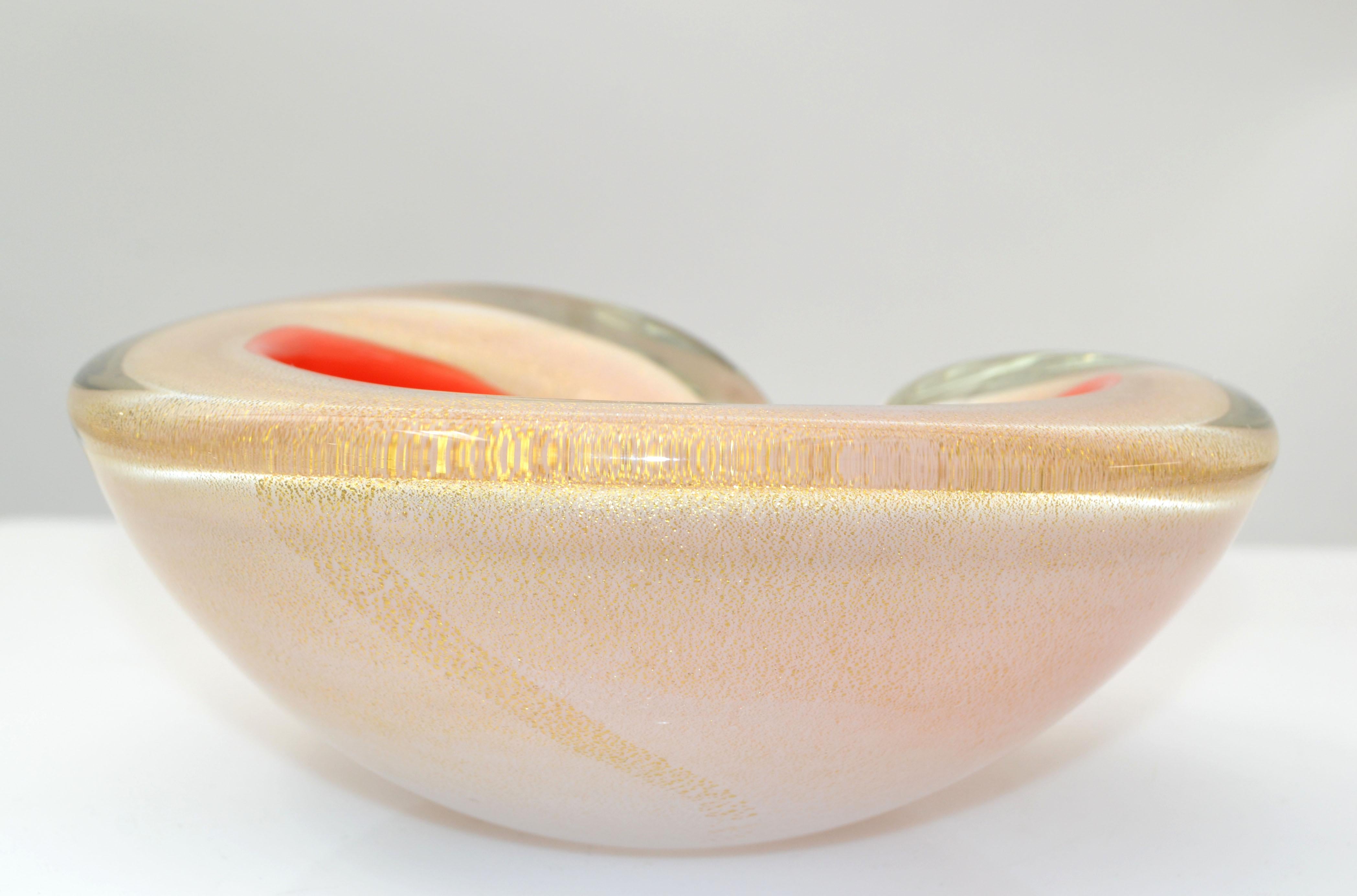 Murano Triple Cased White, Orange & Gold Dust Glass Bowl Italy Mid-Century 1960s 1