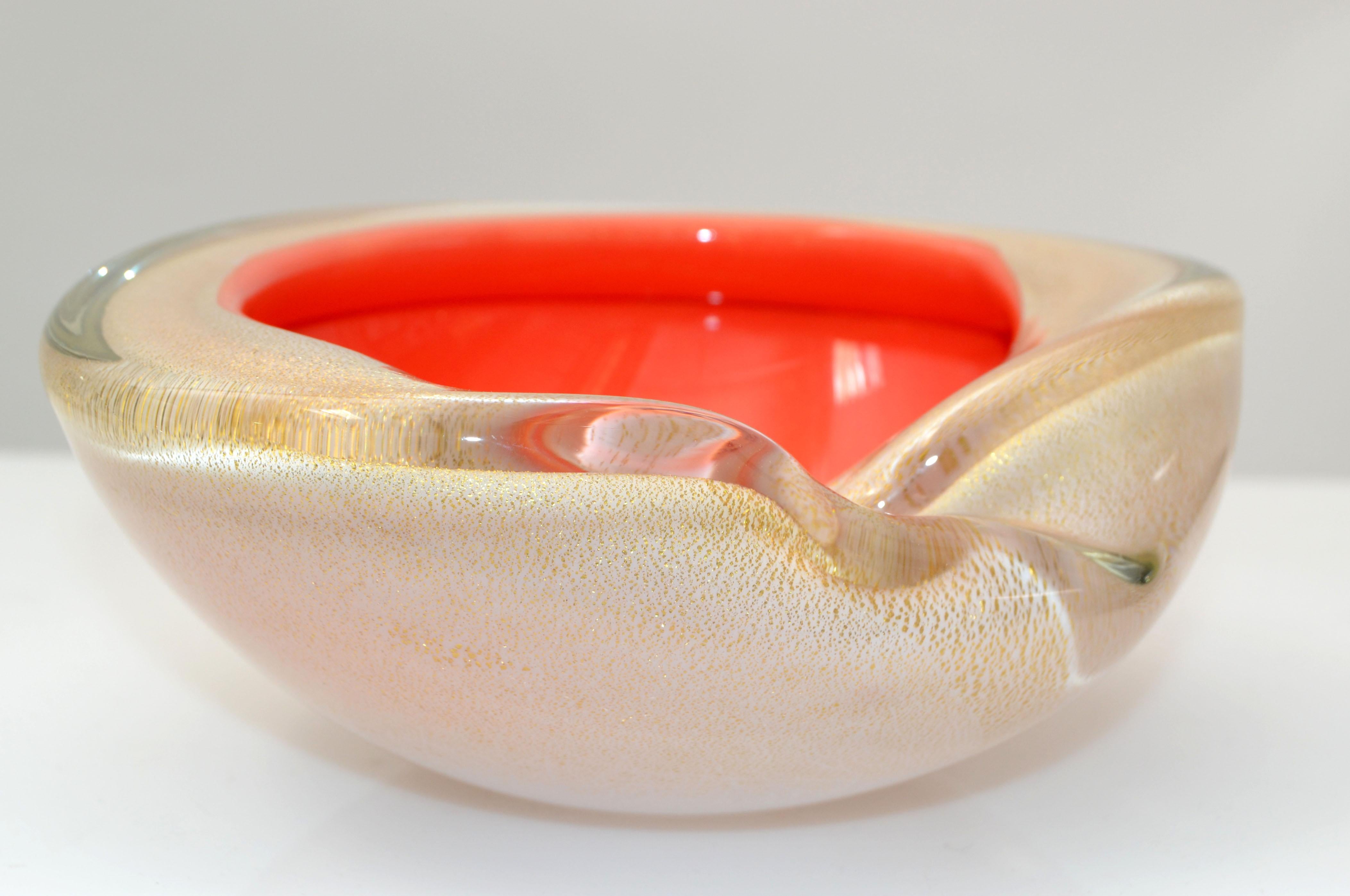 Italian Mid-Century Modern Murano triple cased white, orange & gold dust blown glass bowl, catchall or ashtray. 
Made in the 1960.
Simply beautiful.
