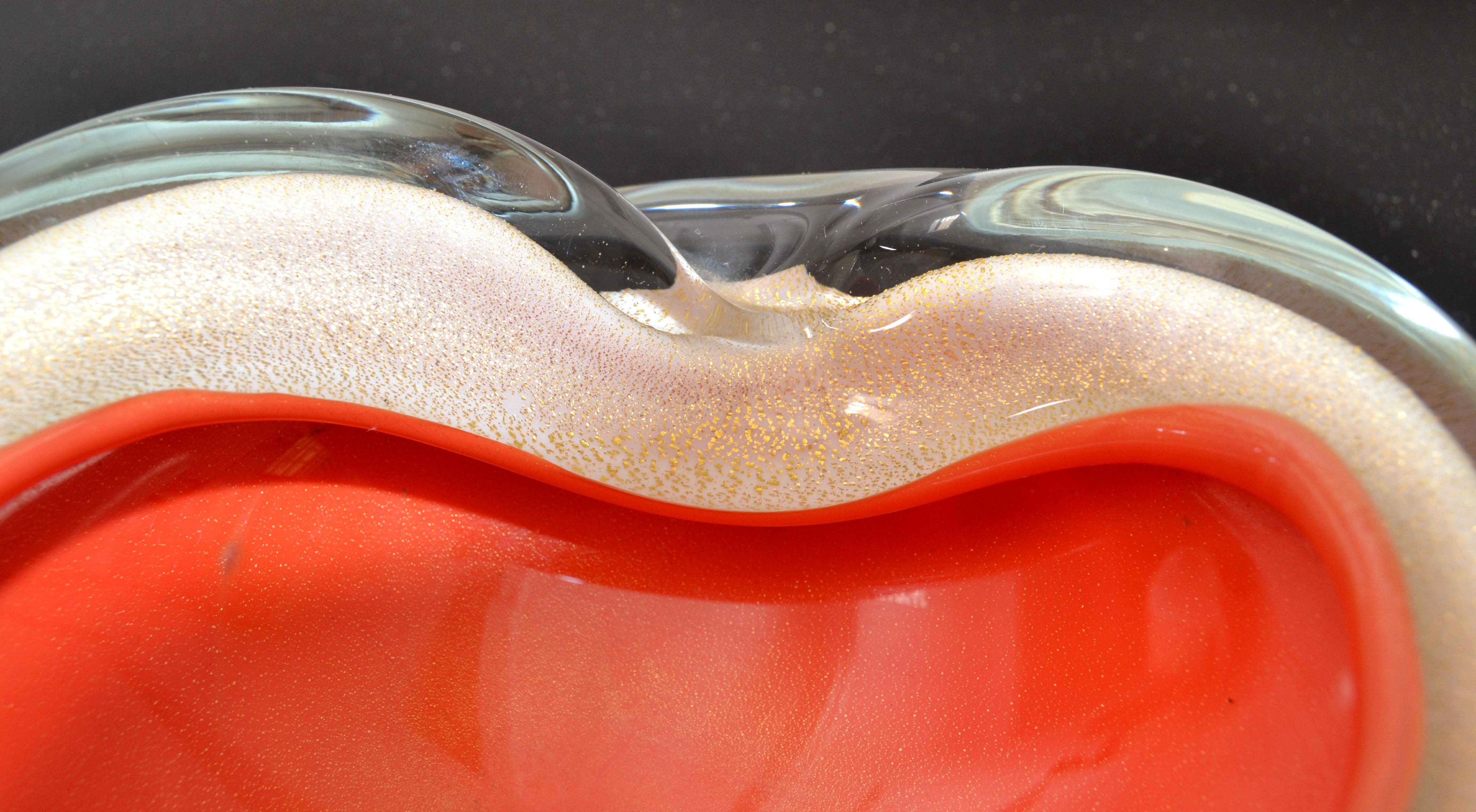 Hand-Crafted Murano Triple Cased White, Orange & Gold Dust Glass Bowl Italy Mid-Century 1960s