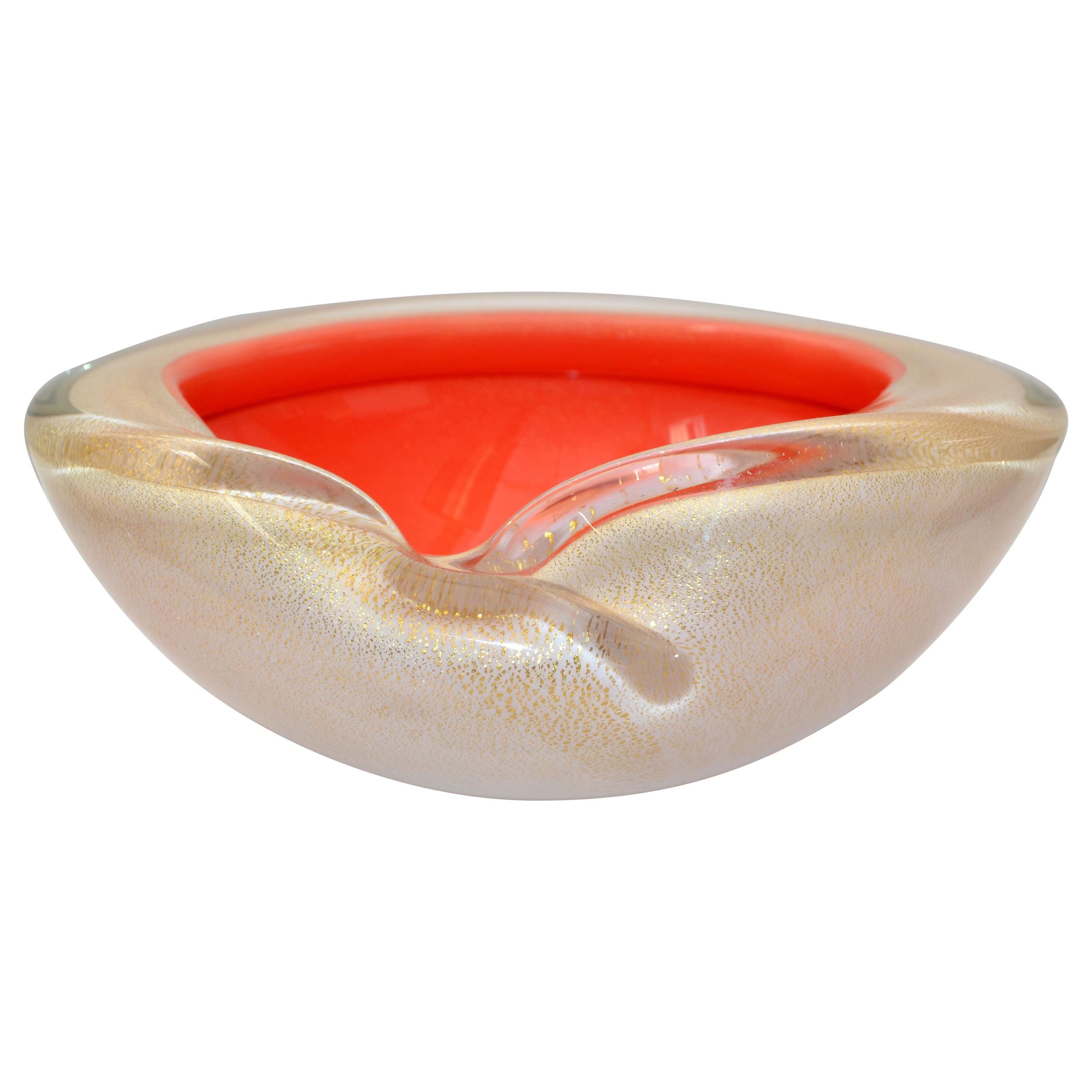 Murano Triple Cased White, Orange 
Gold Dust Glass Bowl Italy Mid-Century 1960s