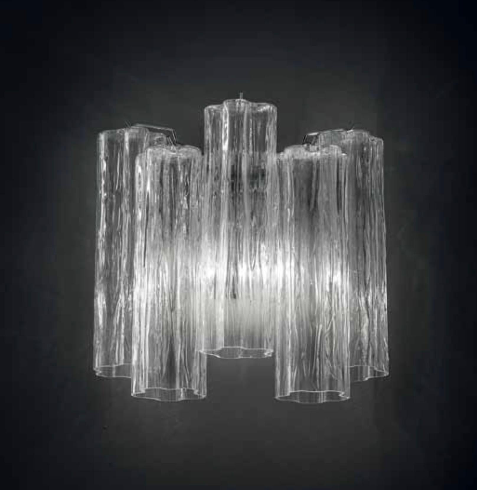 Italian wall light with clear Murano tronchi glasses of length 25cm, mounted on chrome finish metal frame / Made in Italy by Fabio Ltd
Measures: width 12 inches, height 12 inches, depth 6 inches
2 lights, E12 or E14 type, max 40W each
Order only /