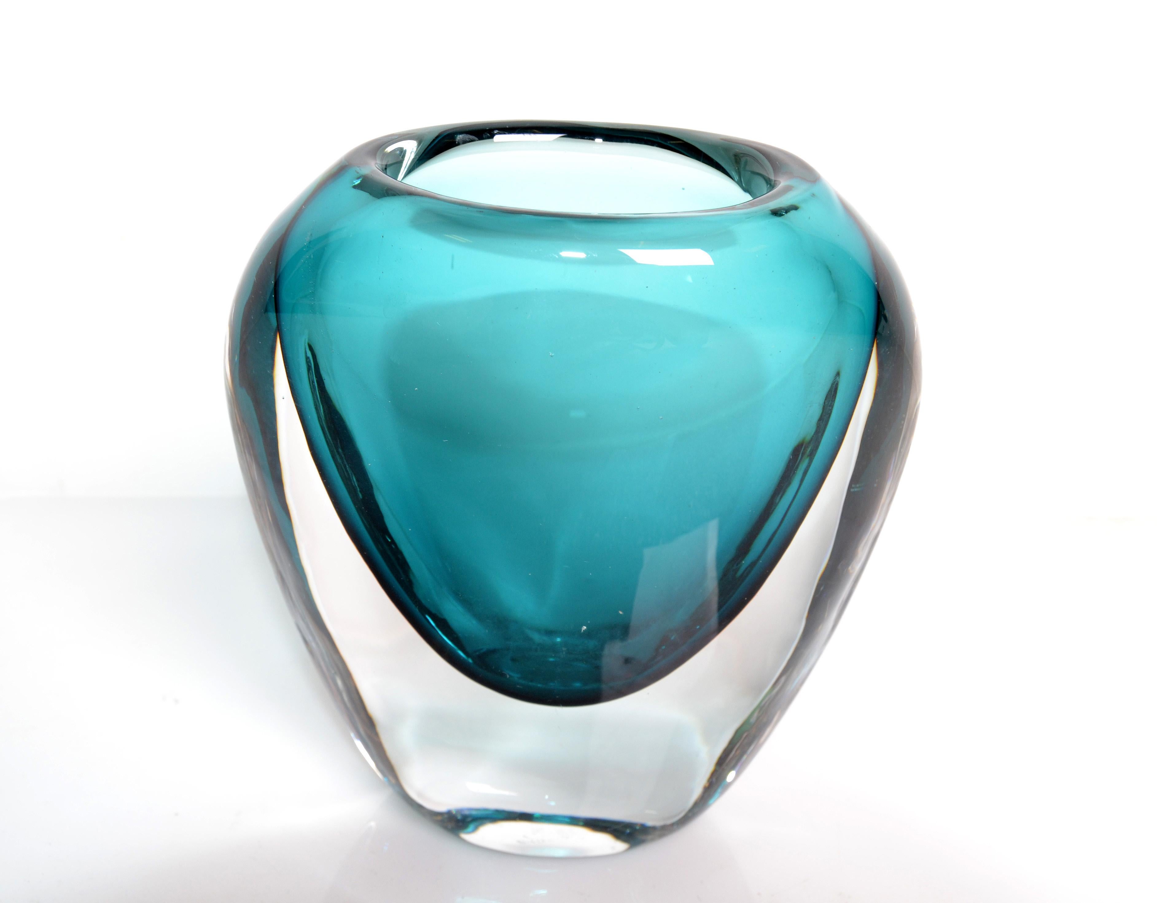 Italian Murano Turquoise Blue & Clear Blown Art Glass Vase Mid-Century Modern Italy