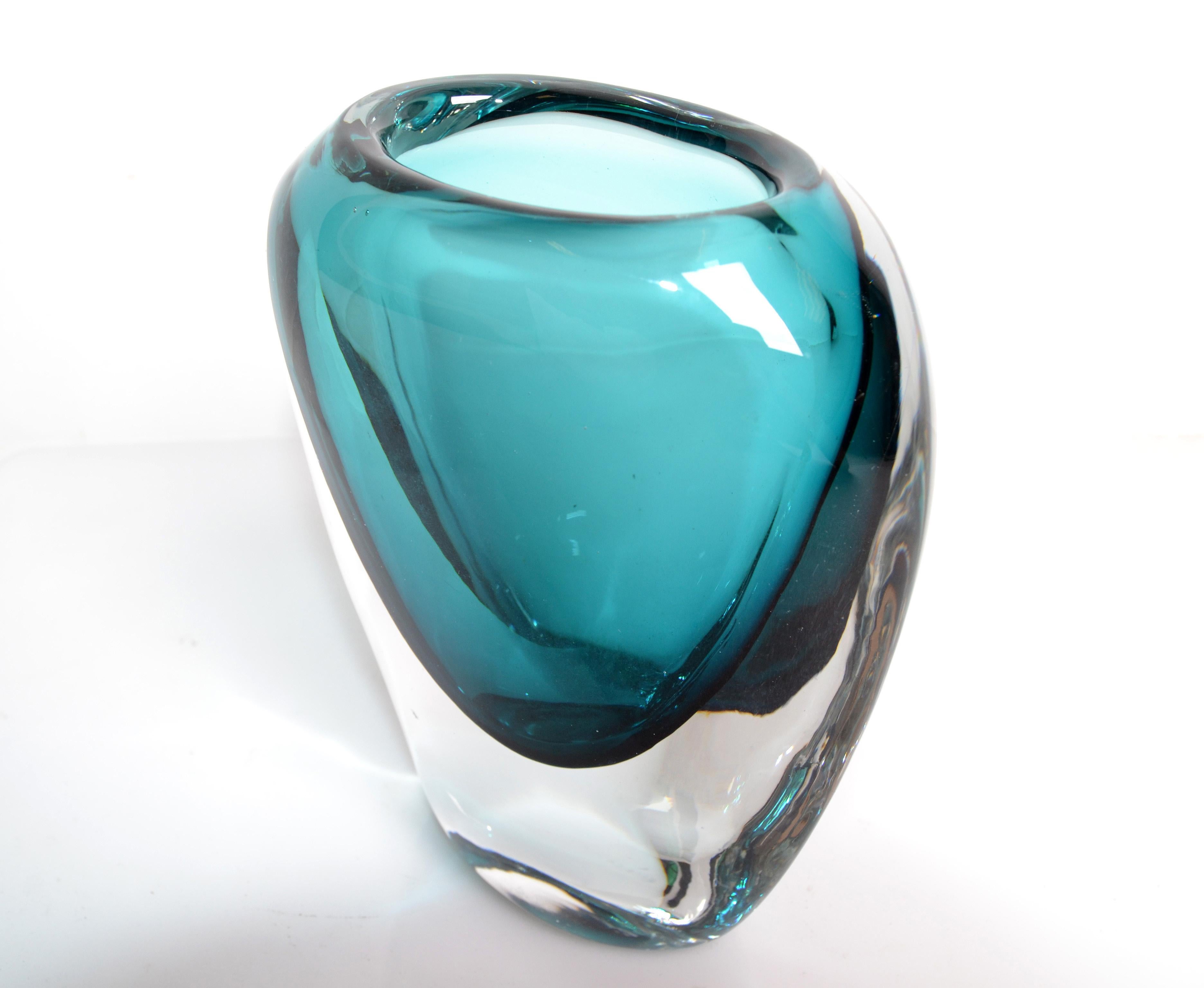 Hand-Crafted Murano Turquoise Blue & Clear Blown Art Glass Vase Mid-Century Modern Italy