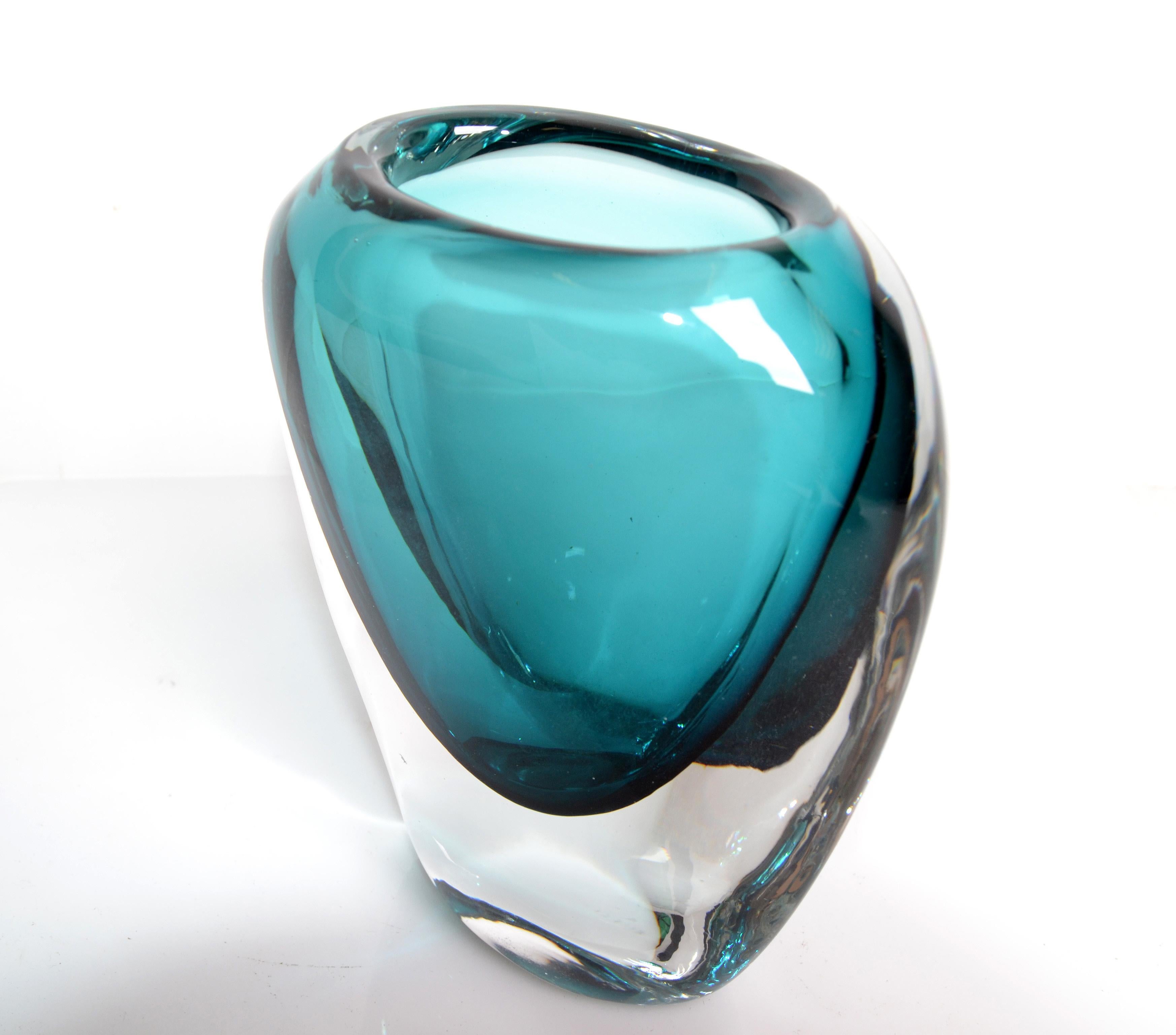 Blown Glass Murano Turquoise Blue & Clear Blown Art Glass Vase Mid-Century Modern Italy