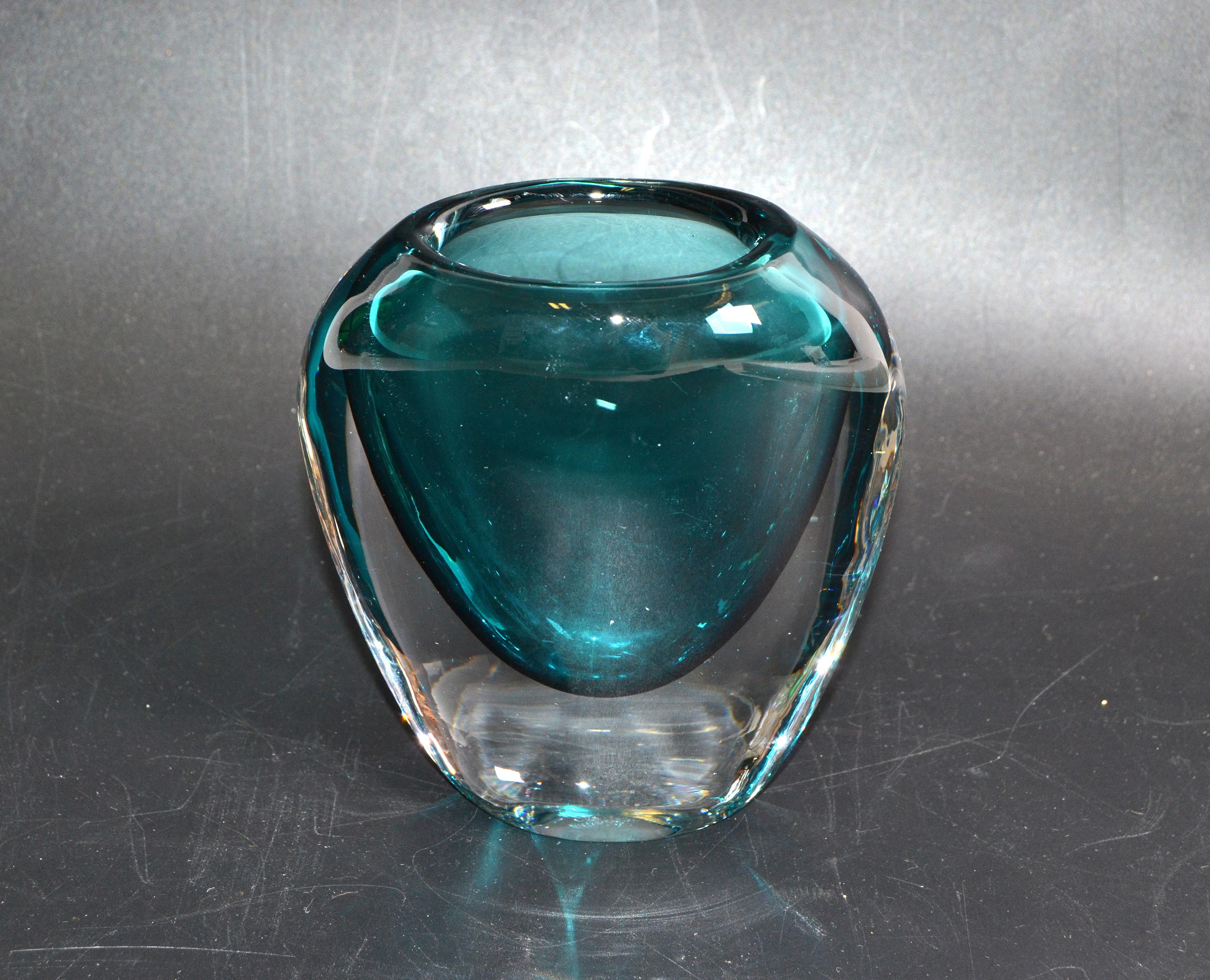 Murano Turquoise Blue & Clear Blown Art Glass Vase Mid-Century Modern Italy 1