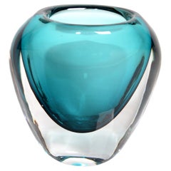 Murano Turquoise Blue & Clear Blown Art Glass Vase Mid-Century Modern Italy