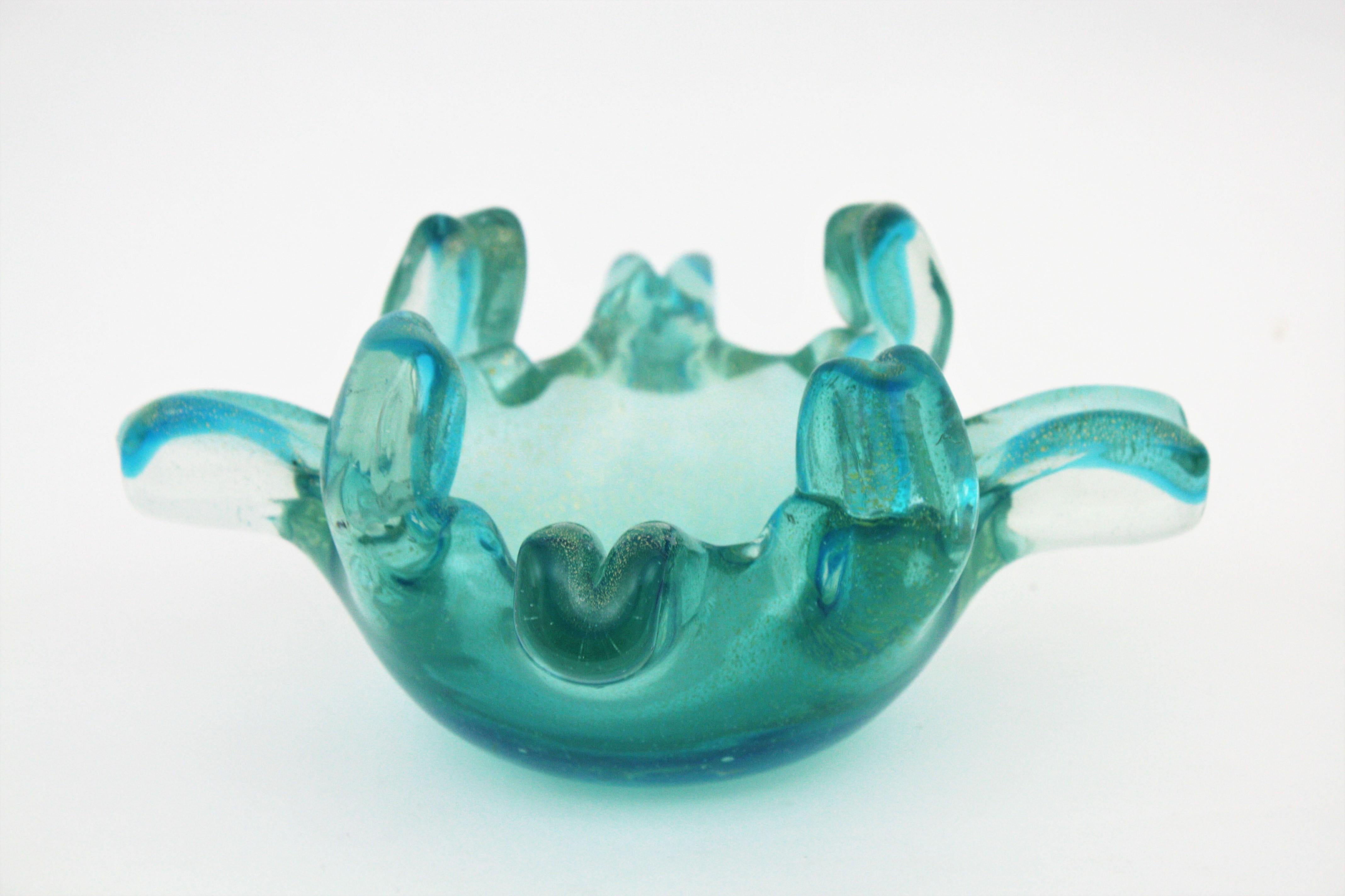 Cuenco de Murano de vidrio artístico italiano, con borde de dedos, con motas doradas y azul turquesa en venta 4