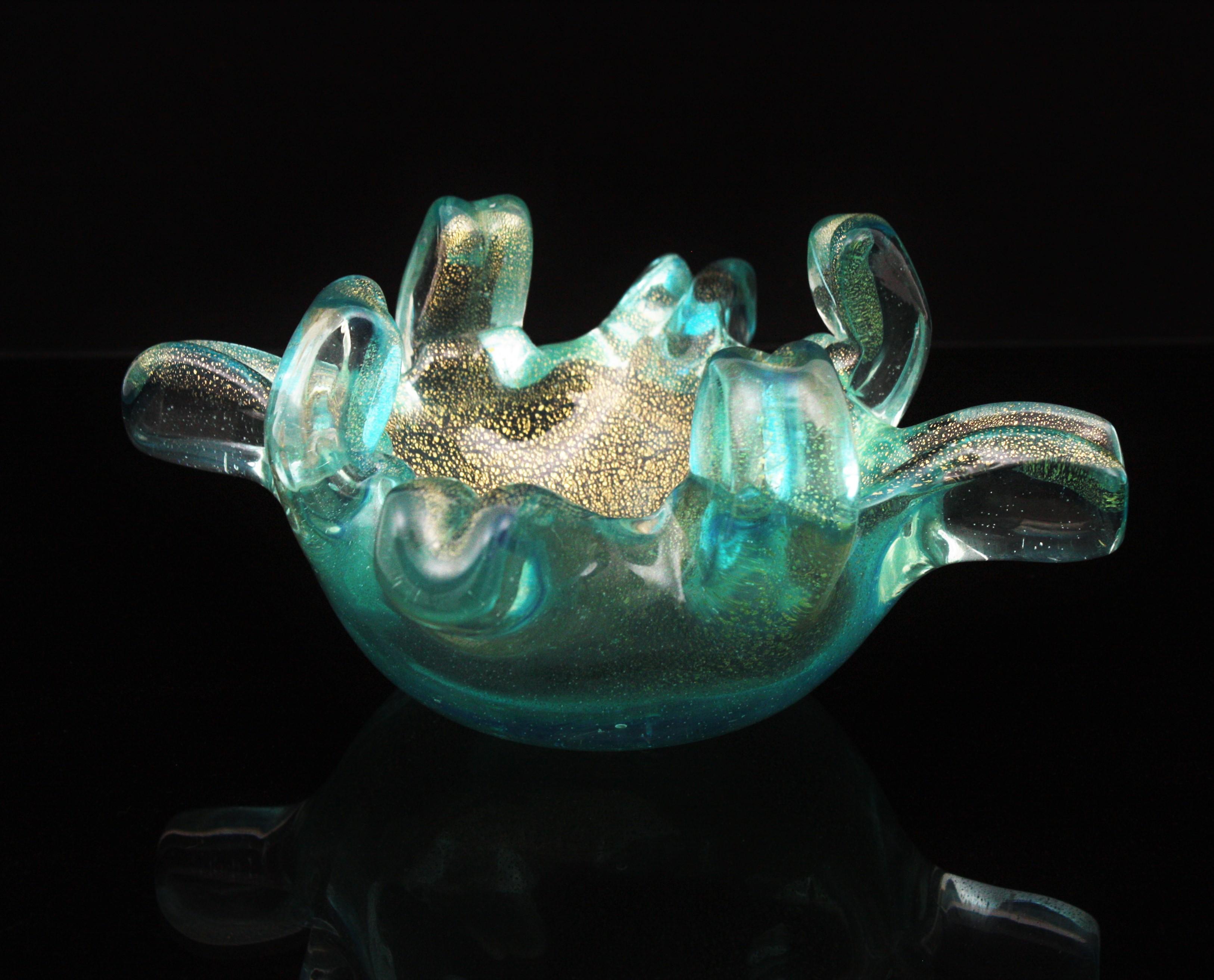 Murano Turquoise Blue Gold Flecks Italian Art Glass Bowl with Fingers Rim For Sale 7