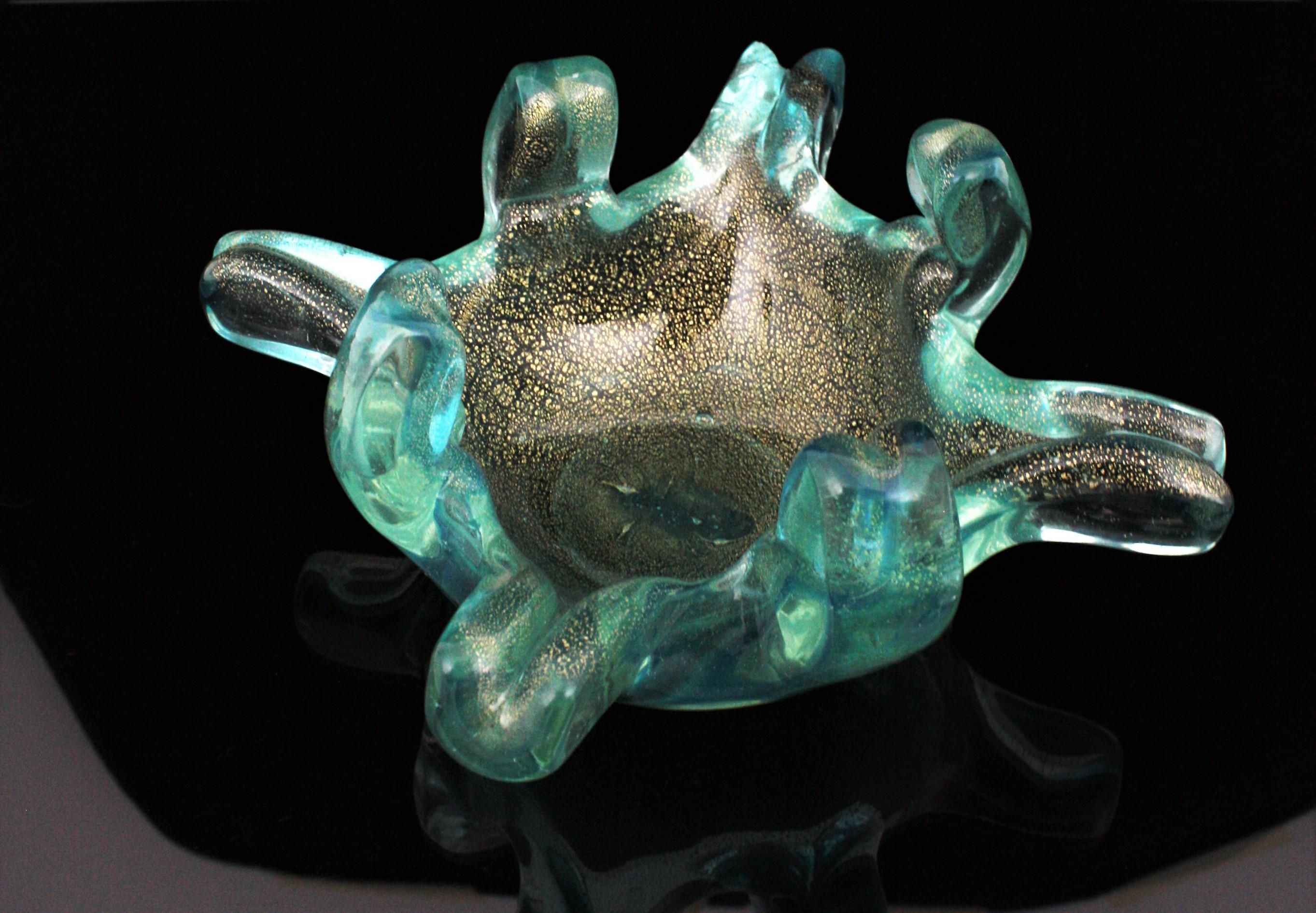 Murano Turquoise Blue Gold Flecks Italian Art Glass Bowl with Fingers Rim For Sale 8