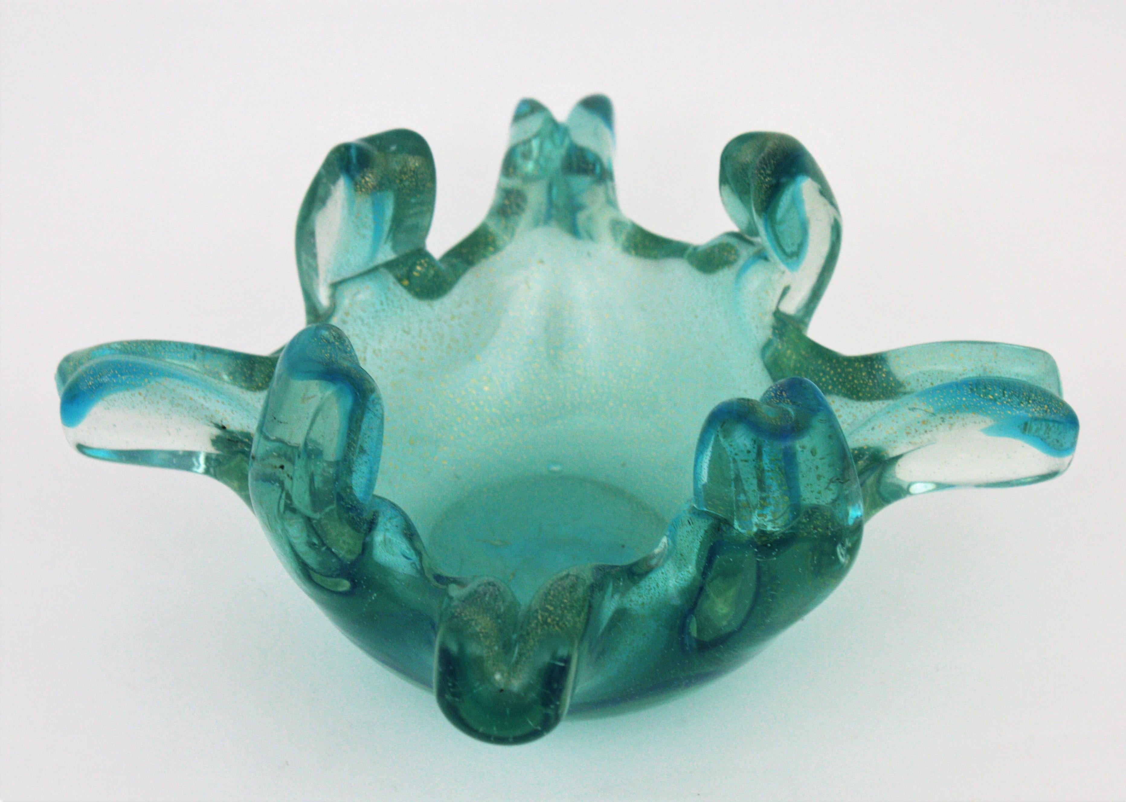 Murano Turquoise Blue Gold Flecks Italian Art Glass Bowl with Fingers Rim For Sale 10