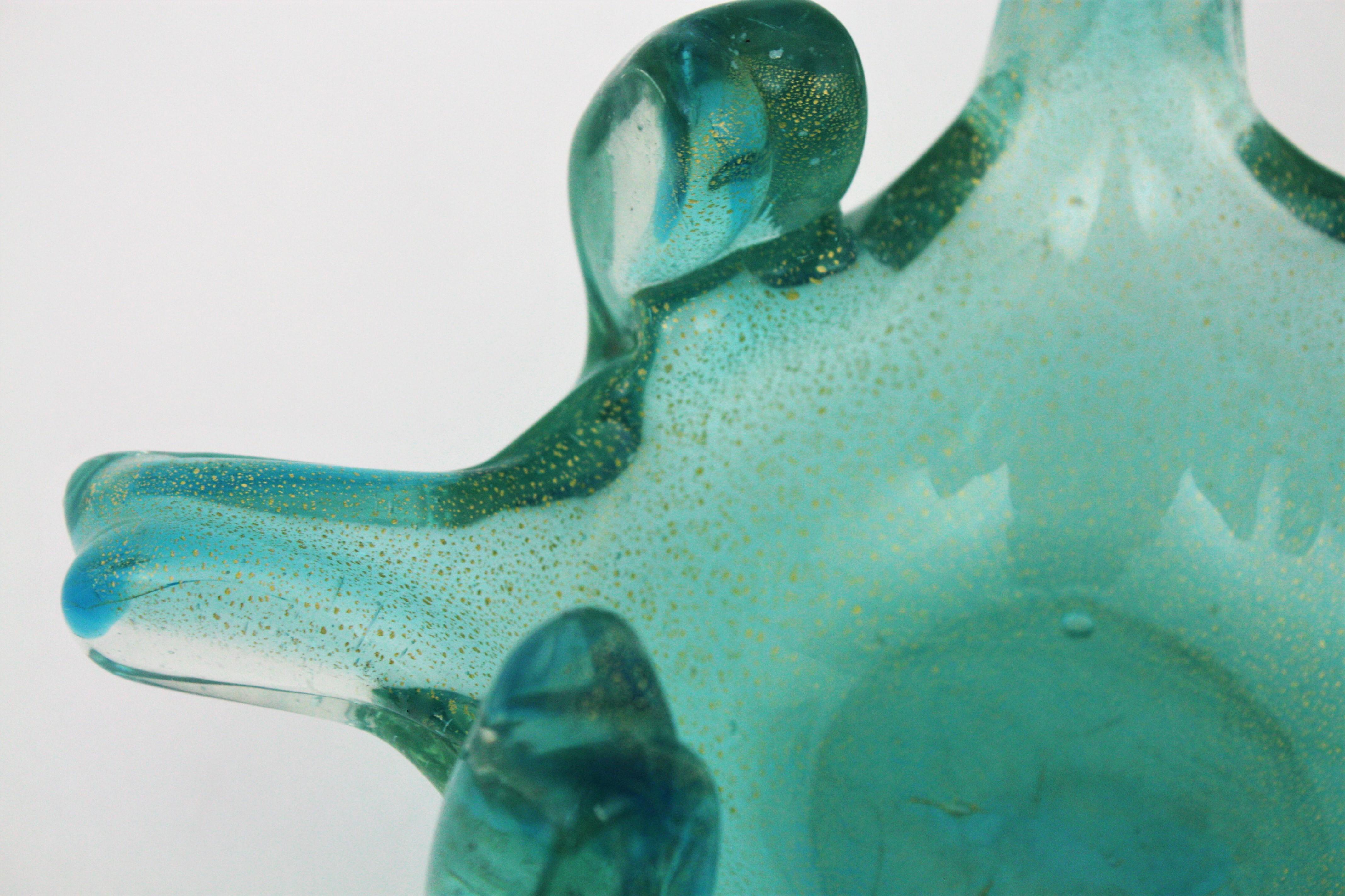 Murano Turquoise Blue Gold Flecks Italian Art Glass Bowl with Fingers Rim For Sale 12