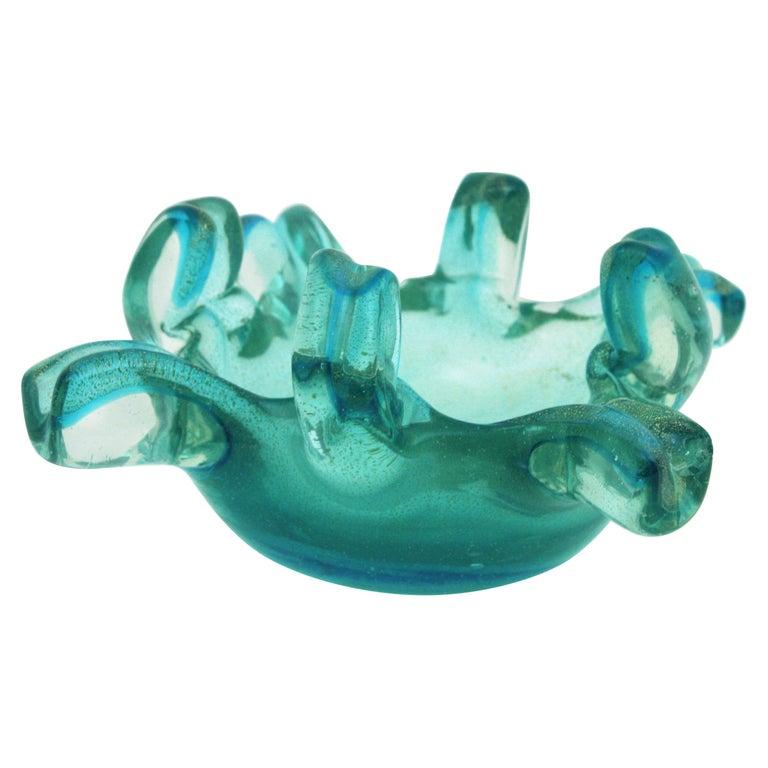 Murano Turquoise Blue Gold Flecks Italian Art Glass Bowl with Fingers Rim For Sale 13