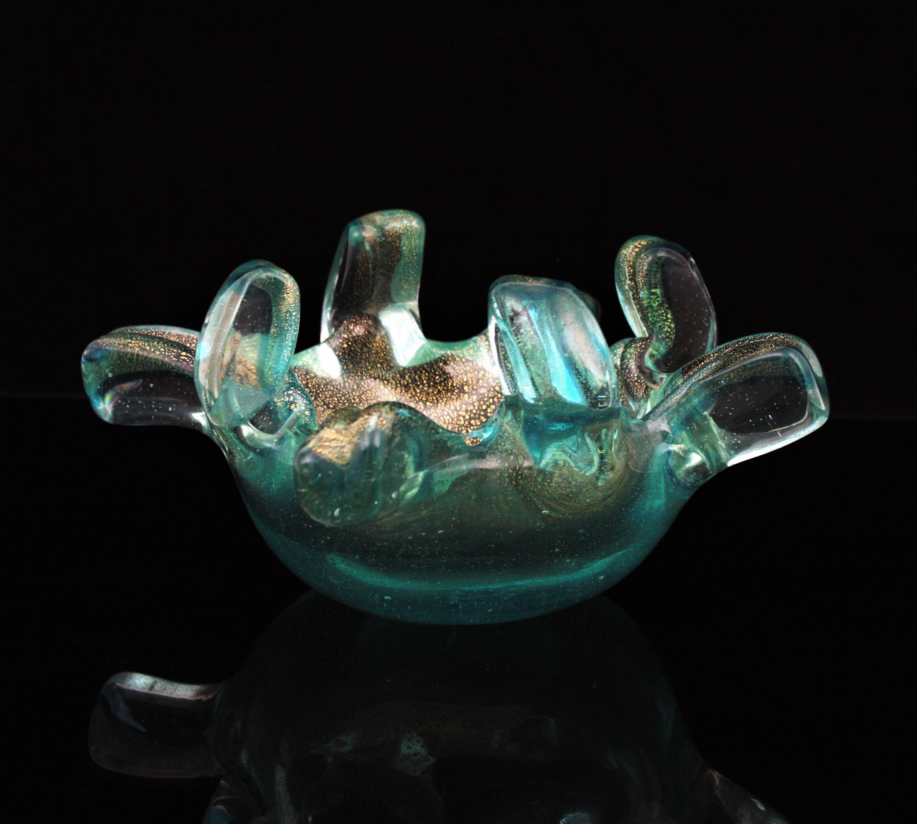 Murano Turquoise Blue Gold Flecks Italian Art Glass Bowl with Fingers Rim For Sale 14