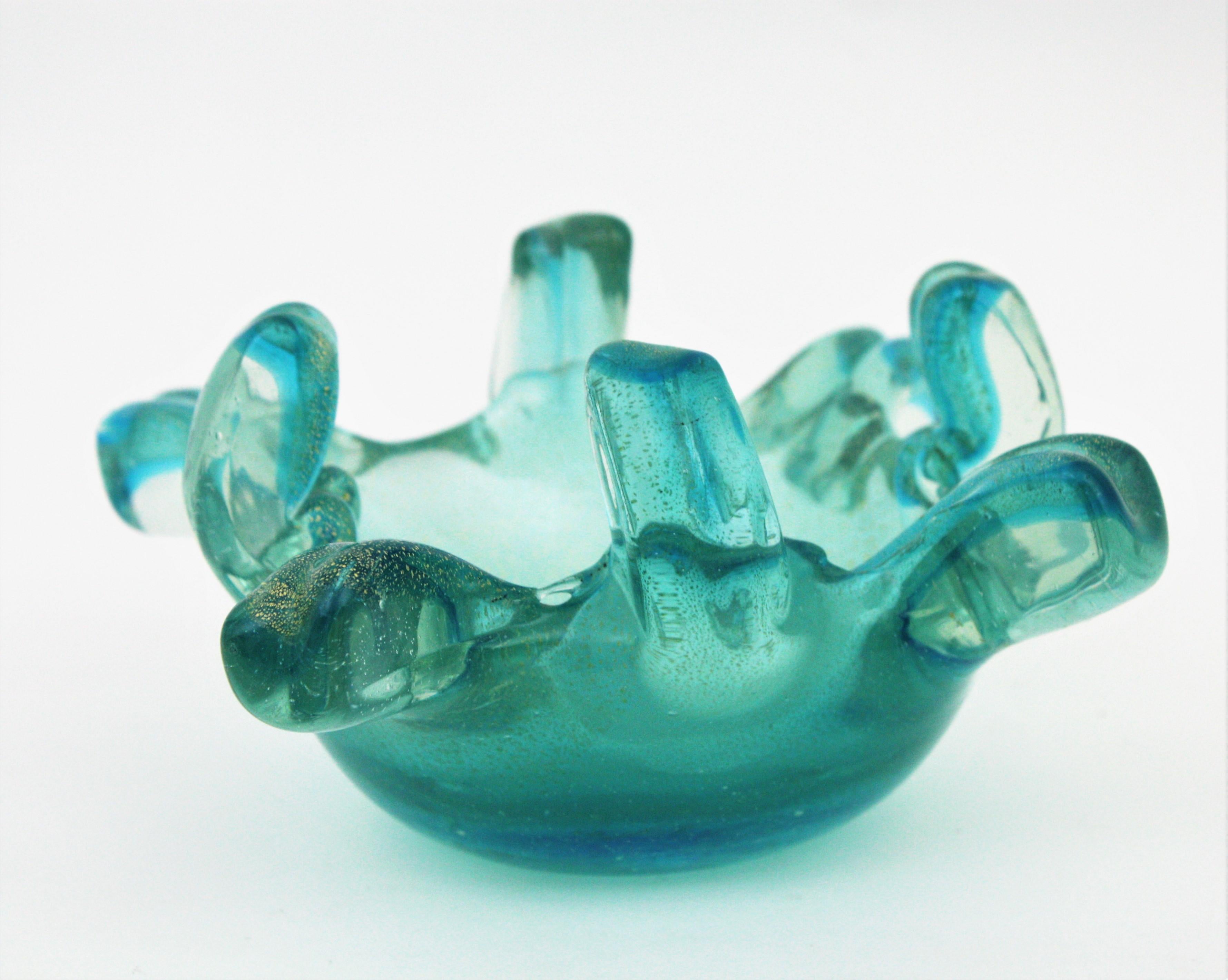 Murano Turquoise Blue Gold Flecks Italian Art Glass Bowl with Fingers Rim For Sale 1