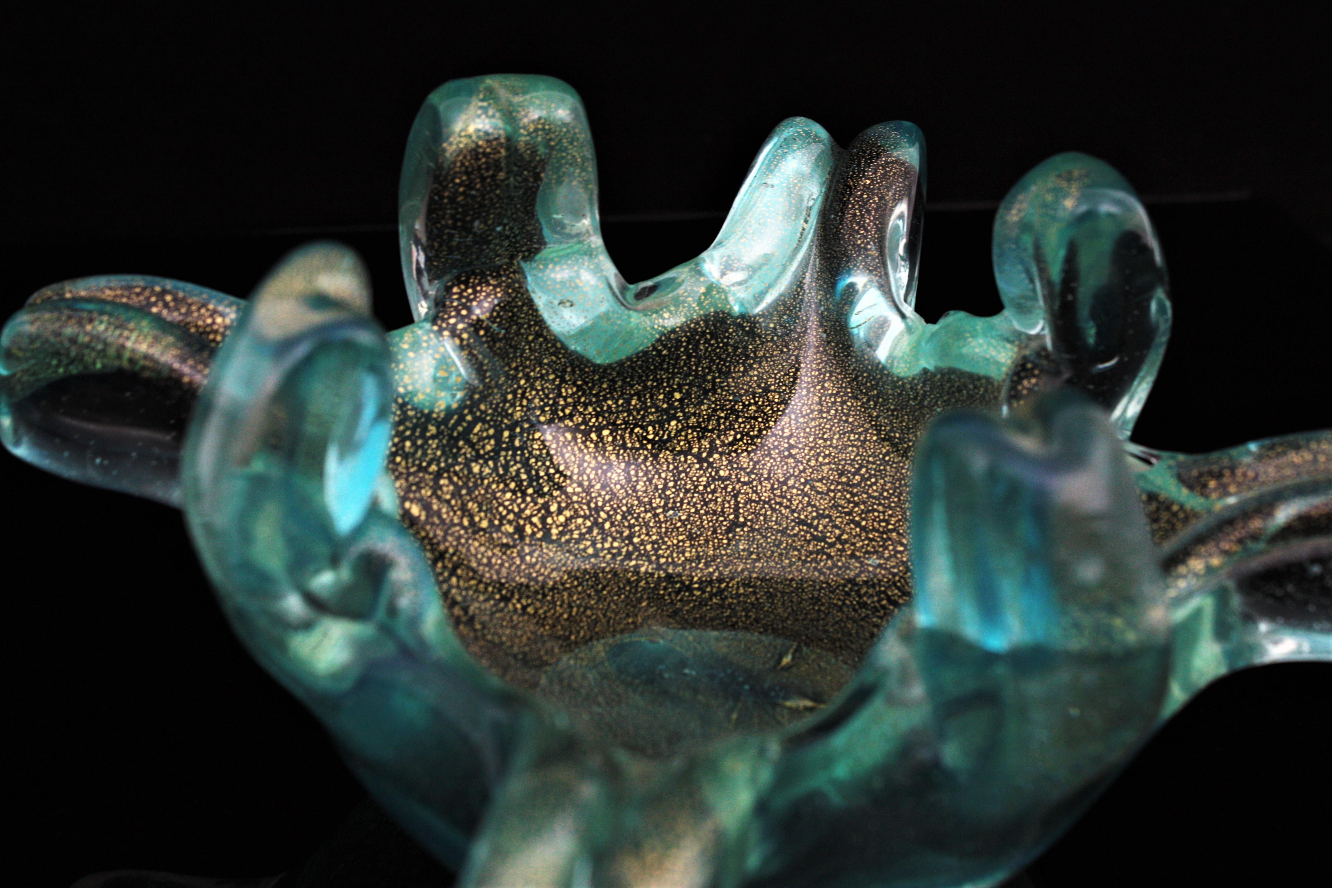 Murano Turquoise Blue Gold Flecks Italian Art Glass Bowl with Fingers Rim For Sale 3