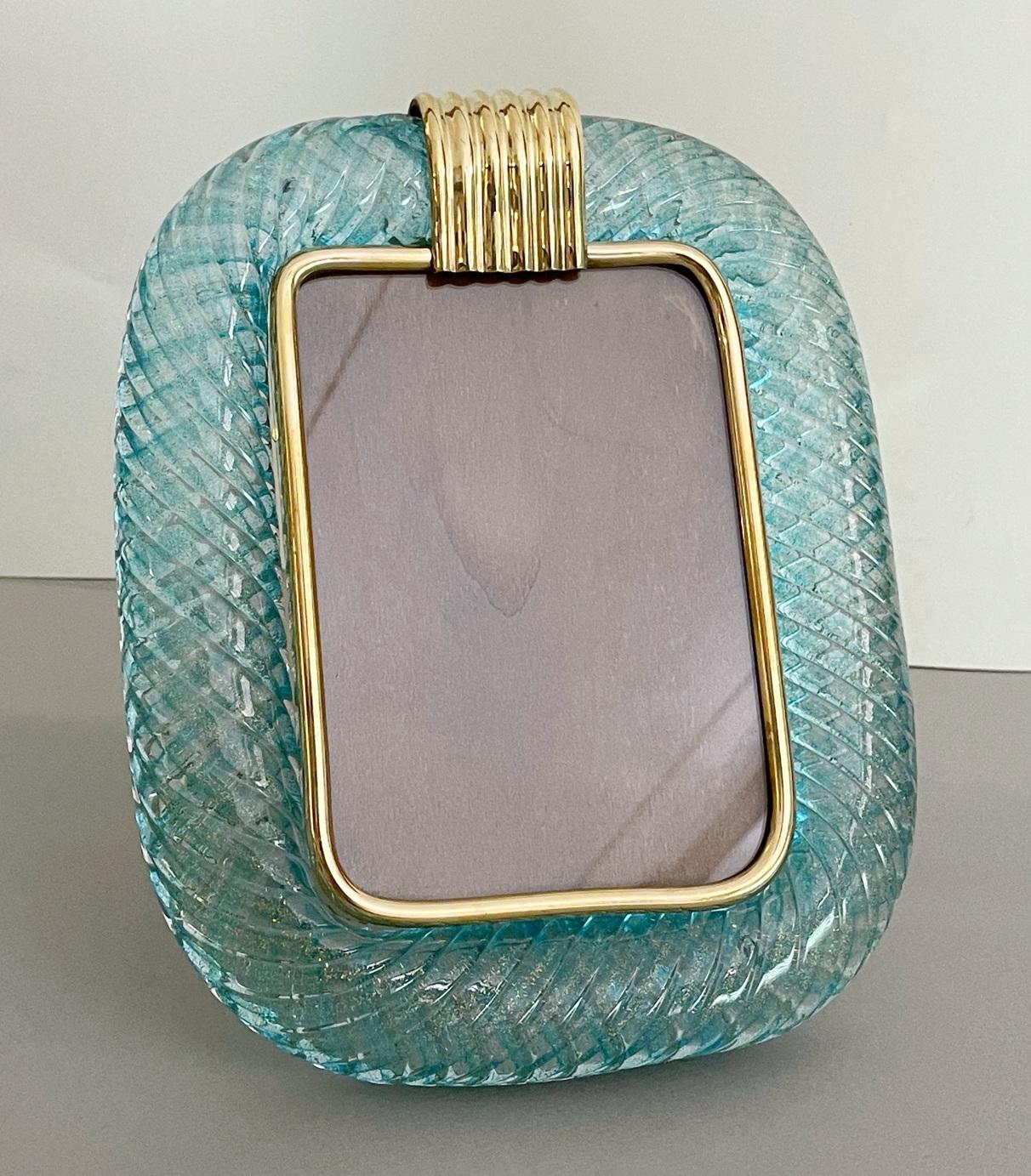 Vintage photo frame in hand blown clear and turquoise Murano 