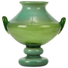 Murano Twin Handled Green Art Glass Pedestal Vase, 20th Century Murano Twin Handled Green Art Glass Pedestal Vase, 20th Century