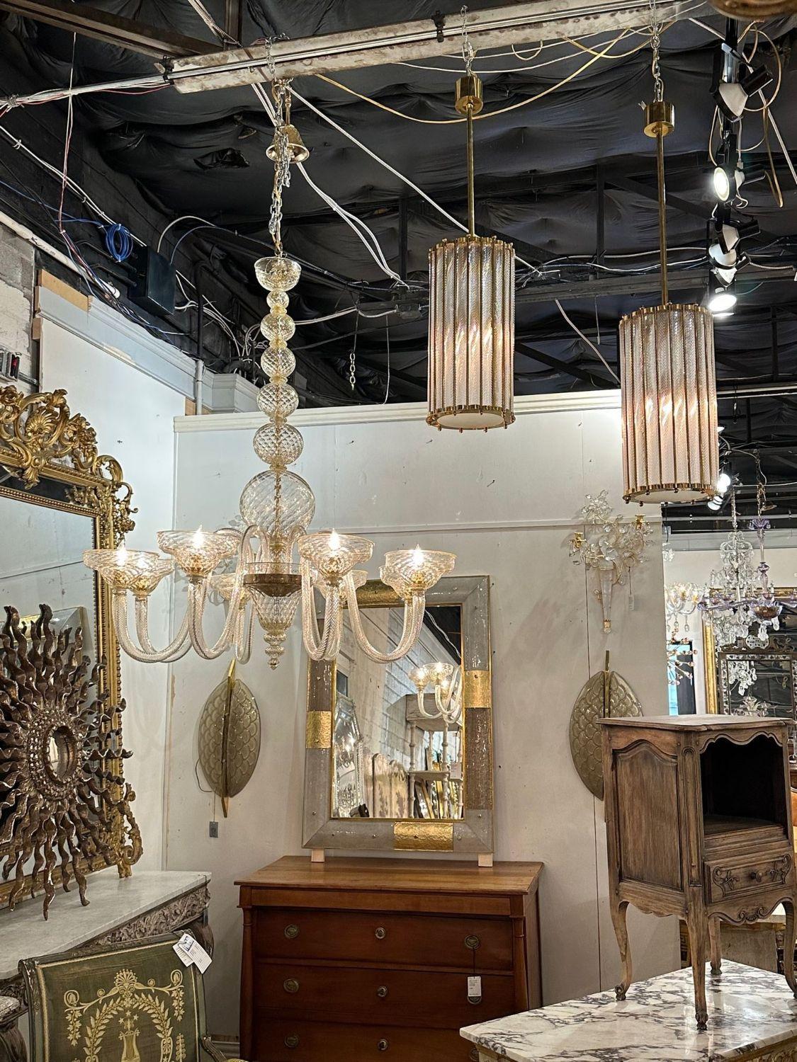 Modern Murano twist glass and gilt brass lantern. circa 2000. The chandelier has been professionally rewired, comes with matching chain and canopy. It is ready to hang!