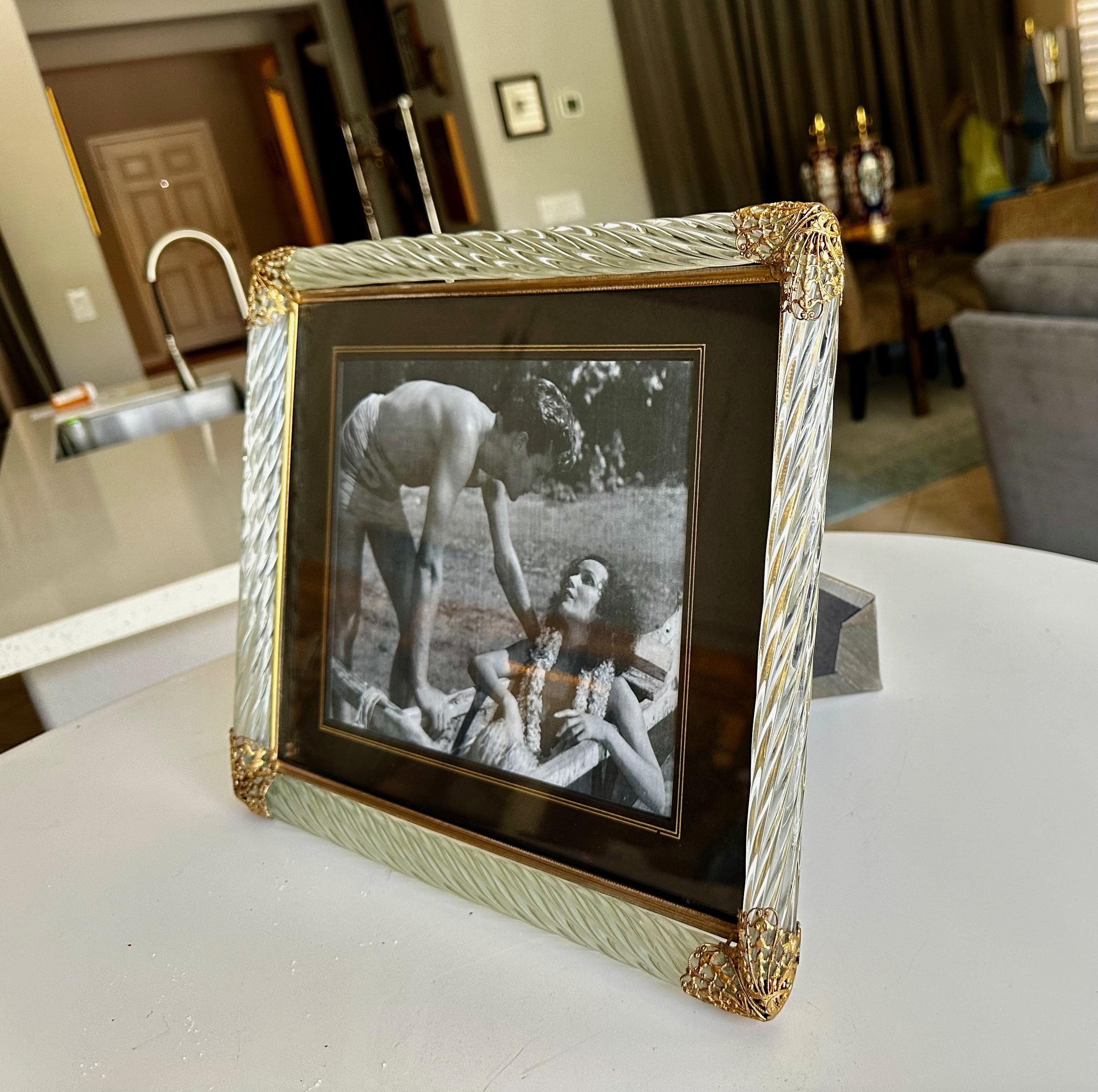 Murano Twisted Glass Rope Brass Horizontal Picture Frame In Good Condition For Sale In Palm Springs, CA