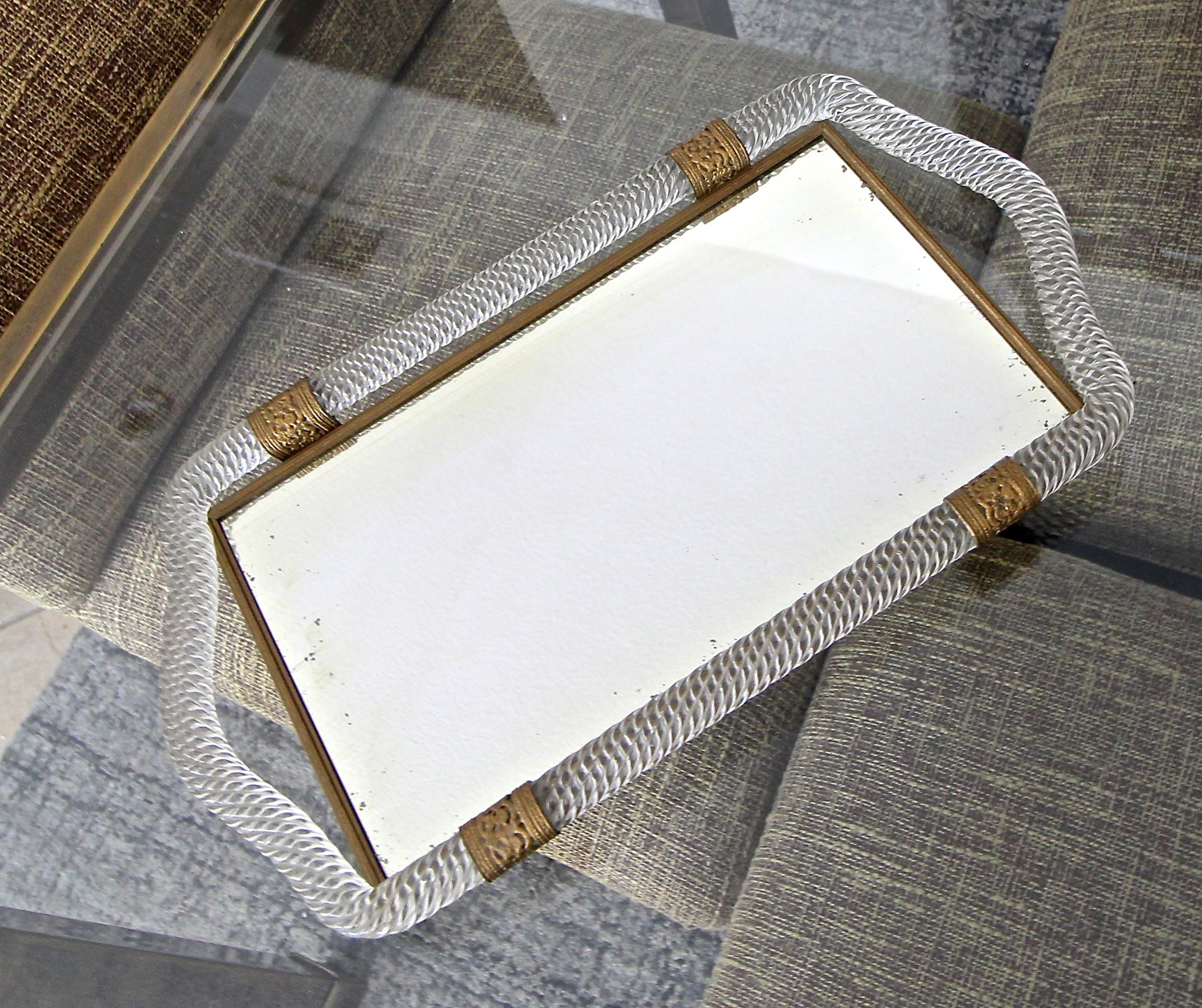 Murano Venetian glass mirrored vanity tray surmounted by twisted blown glass with finely detailed embossed brass straps and edging. Similar tray available under separate lisitng.
