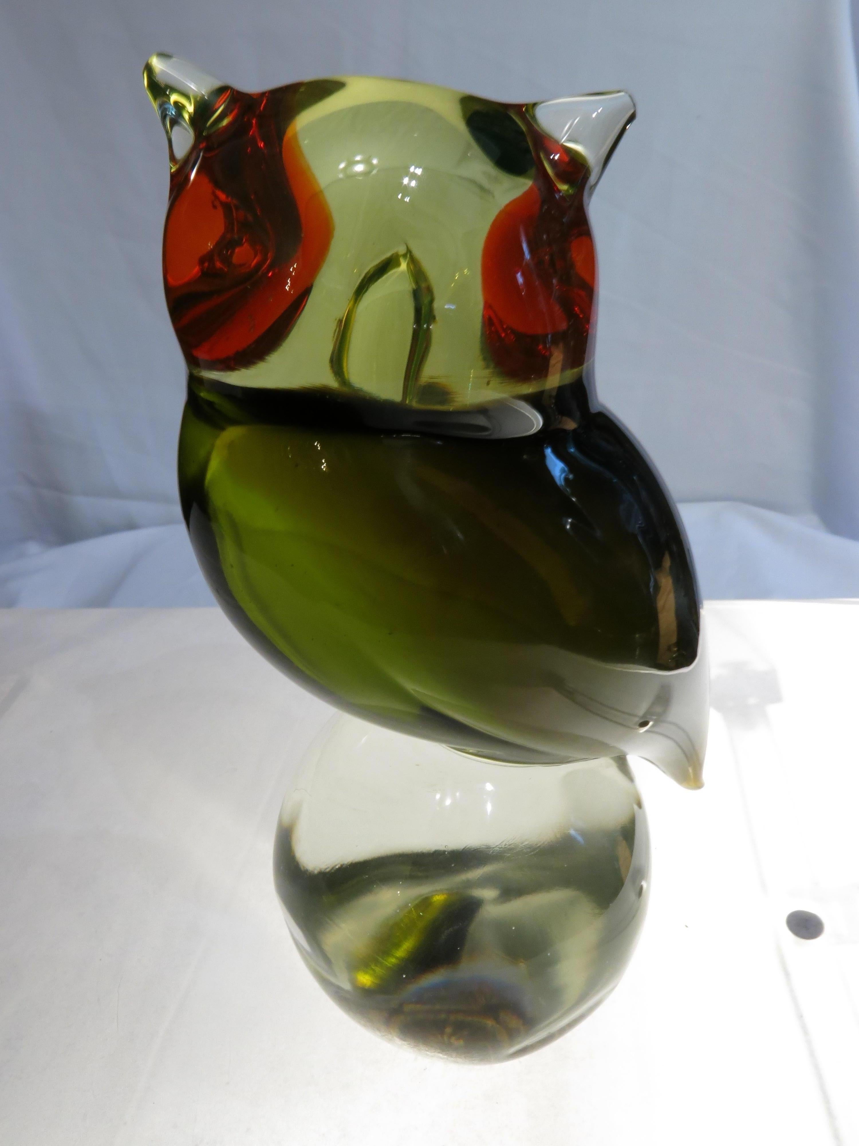 Mid-Century Modern Murano Uranium Art Glass Green Yellow Red Owl Bird Sculpture