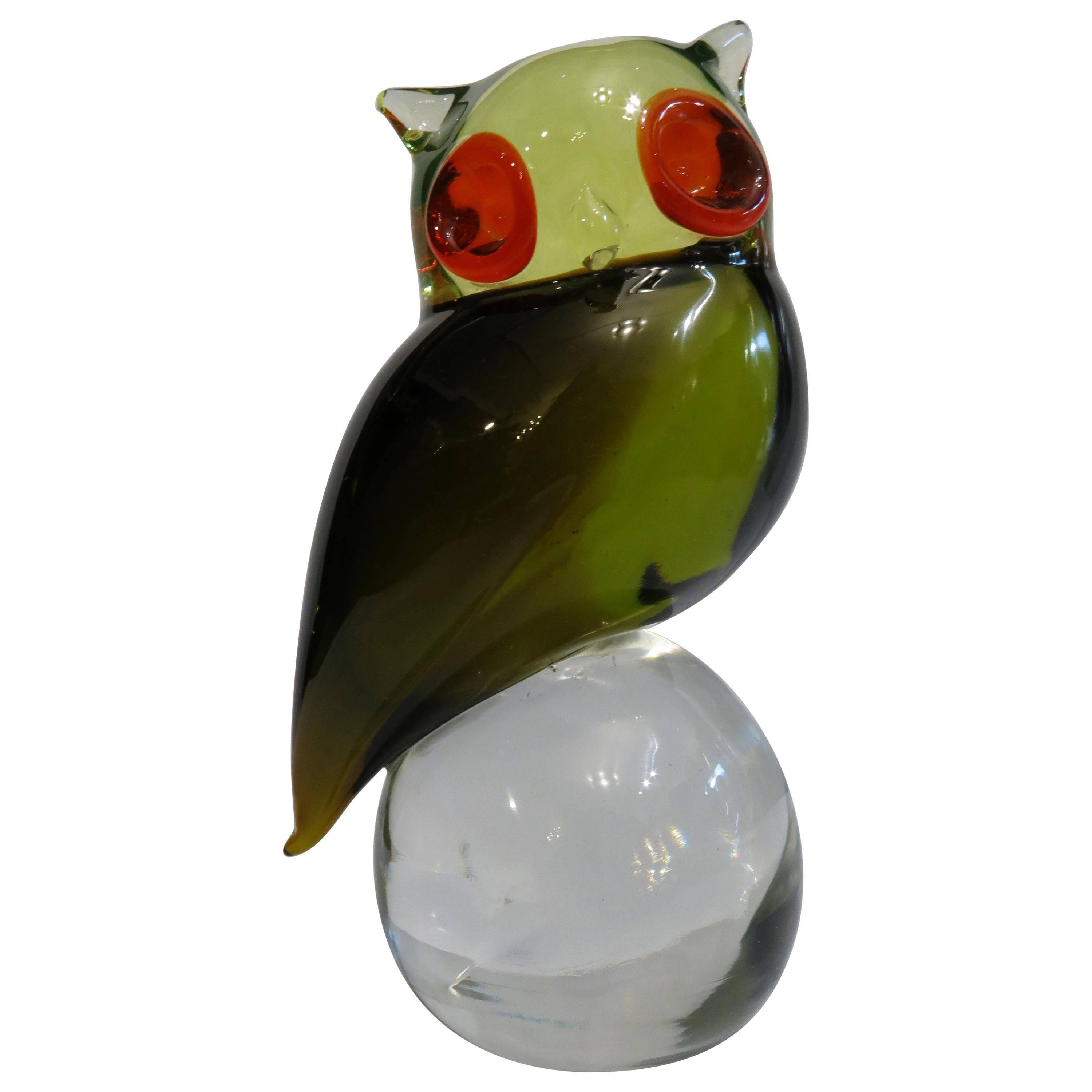 Murano Uranium Art Glass Green Yellow Red Owl Bird Sculpture