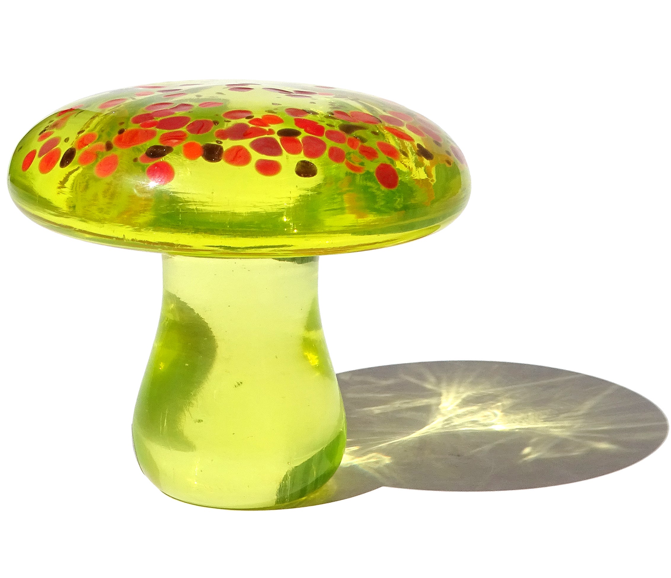 Schöne Vintage Murano mundgeblasen leuchtend gelb mit rot-orange und Kupfer Flecken italienische Kunst Glas Pilz / Fliegenpilz Briefbeschwerer. Das Stück wurde von dem Designer Galliano Ferro für die Firma Fornasa De Murano A L'Insegna Del Moreto