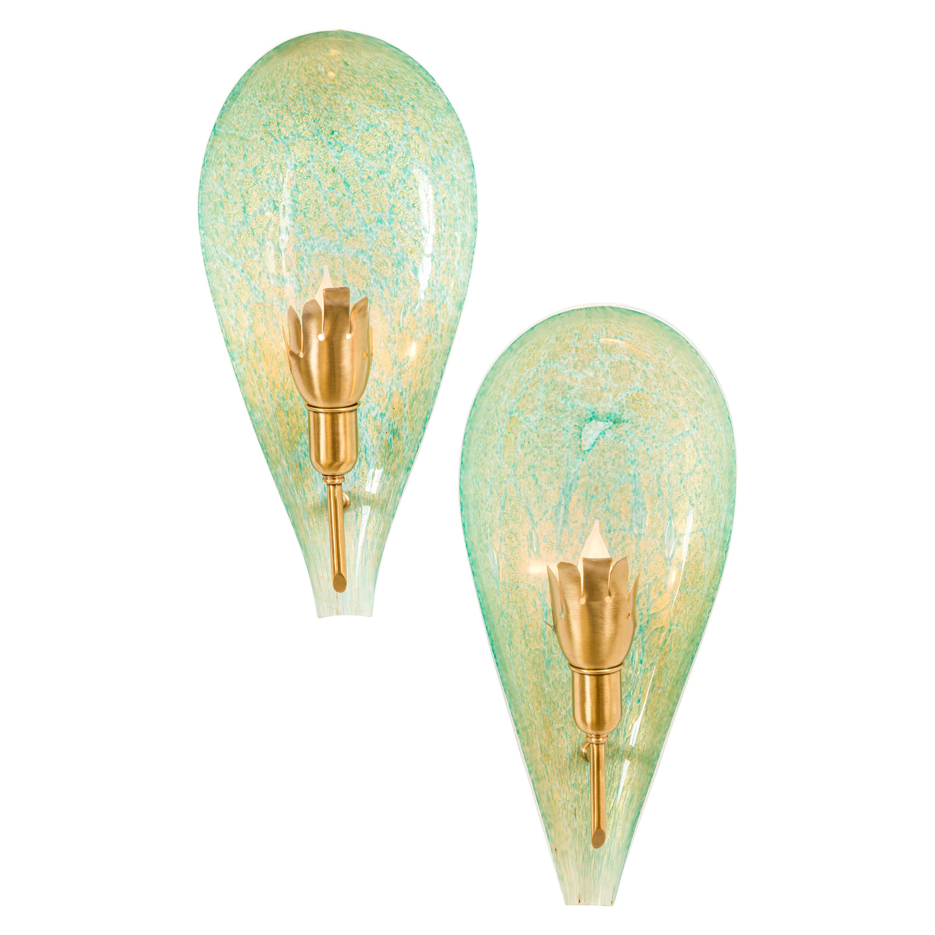 Murano Variegated Green and Gold Glass Sconces, Italy 1940s