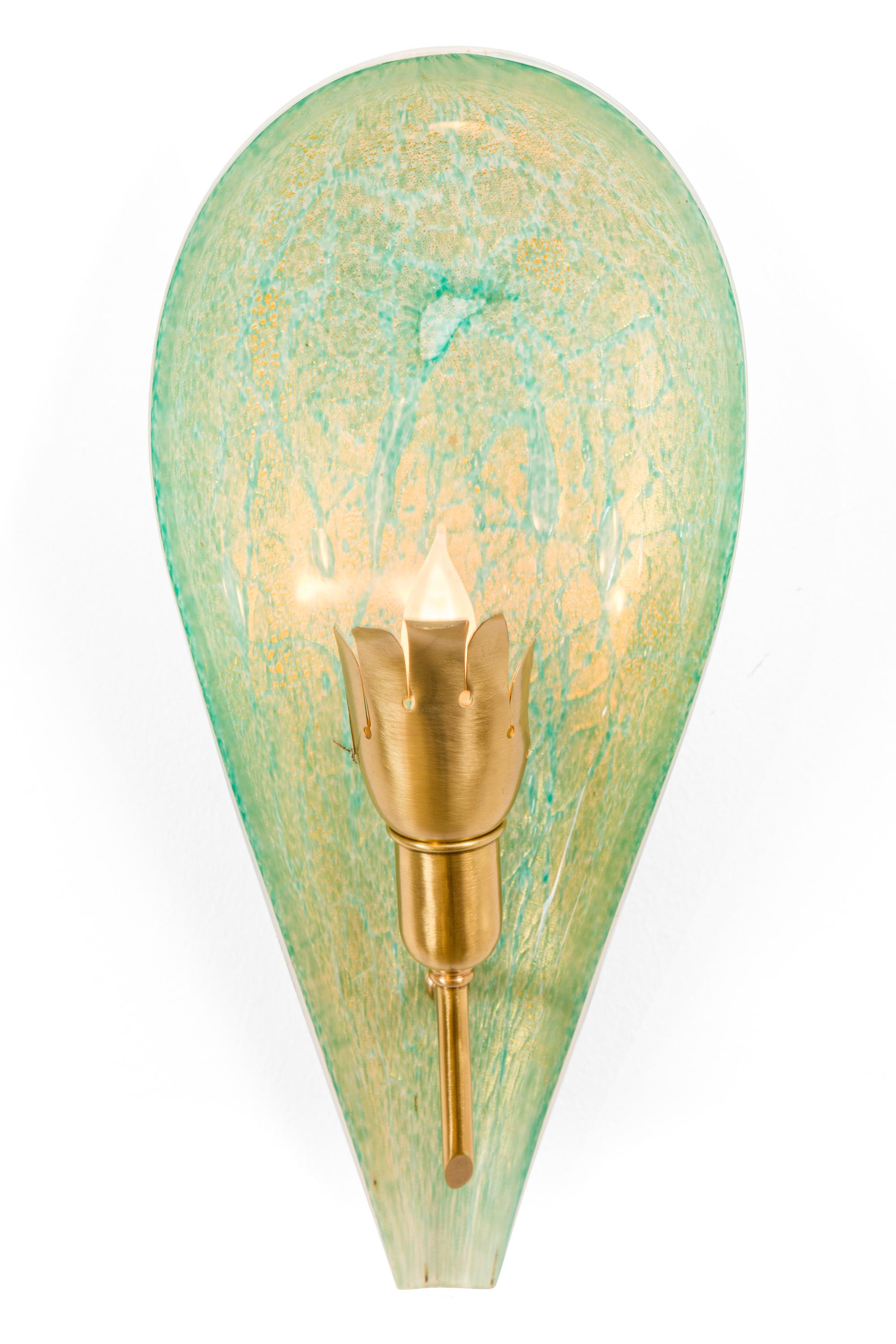 Mid-Century Modern Murano Variegated Green and Gold Glass Sconces, Italy 1940s