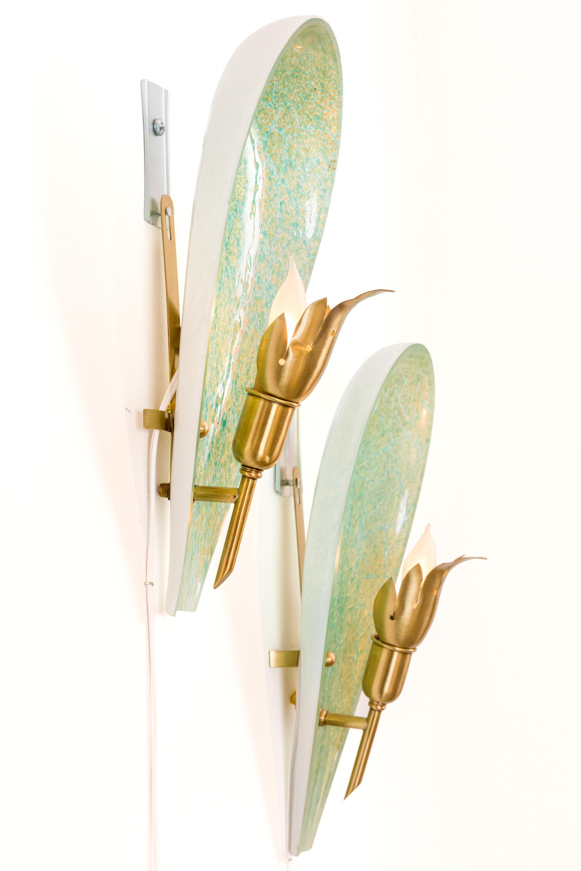 Italian Murano Variegated Green and Gold Glass Sconces, Italy 1940s