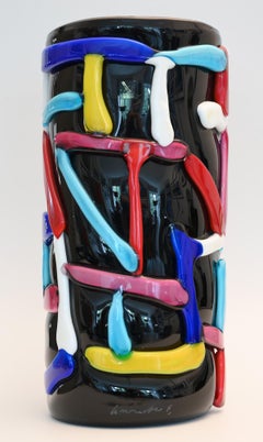 Vase en verre d'art de Murano signé, noir avec décor coloré en filé, années 1970