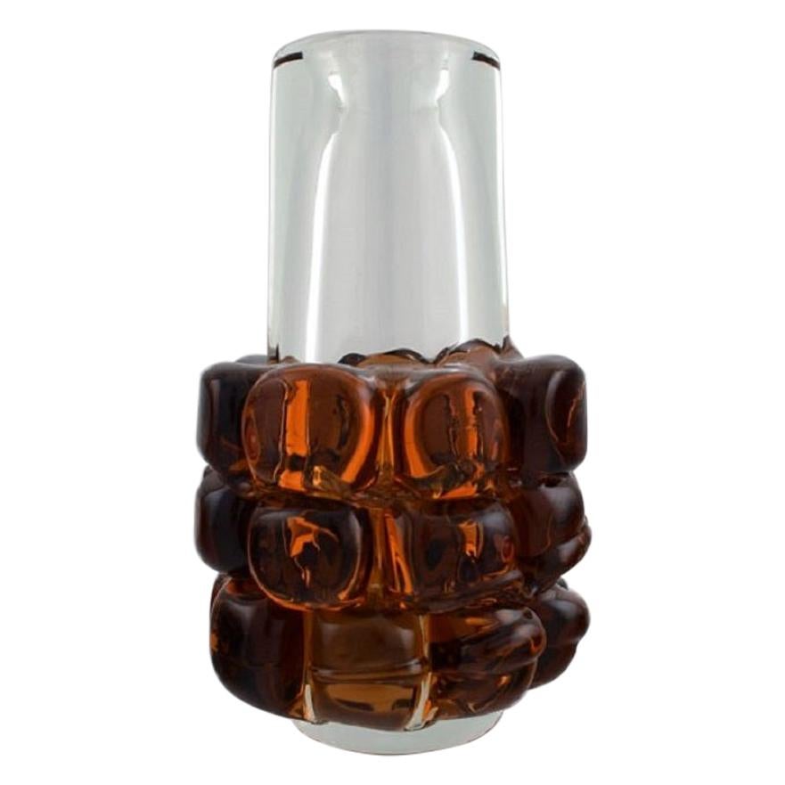 Murano Vase in Clear and Amber Colored Mouth-Blown Art Glass, Italian Design