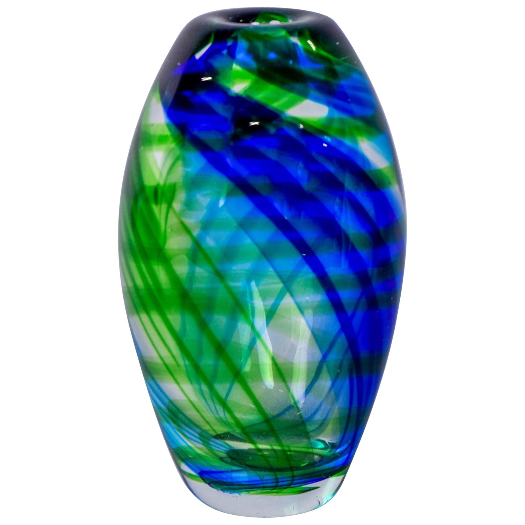 Murano Vase in Clear Cased Glass with Blue and Green