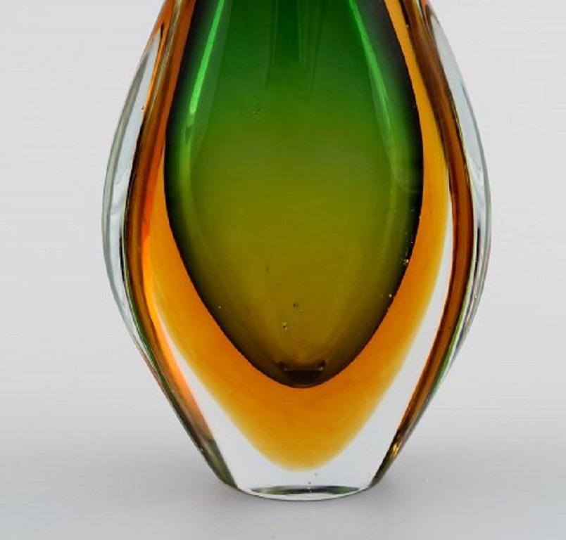 Mid-Century Modern Murano Vase in Green and Orange Mouth Blown Art Glass, Italian Design, 1960s