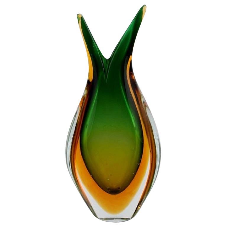 Murano Vase in Green and Orange Mouth Blown Art Glass, Italian Design, 1960s