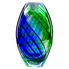 Murano Vase in Heavy Clear Cased Glass with Blue and Green Swirls