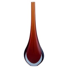 Murano Vase in Reddish and Clear Mouth Blown Art Glass, Italian Design