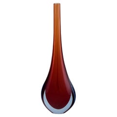 Retro Murano Vase in Reddish and Clear Mouth Blown Art Glass, Italian Design