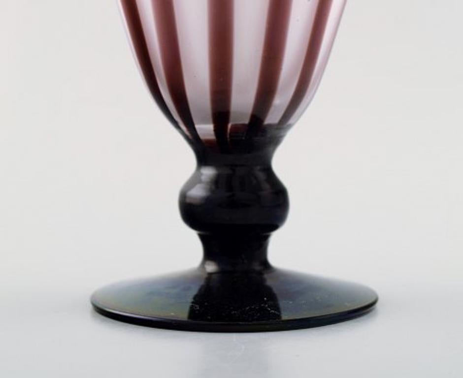 Mid-Century Modern Murano, Vase on Foot with Cherry Colored Stripes in Mouth Blown Art Glass, 1960s