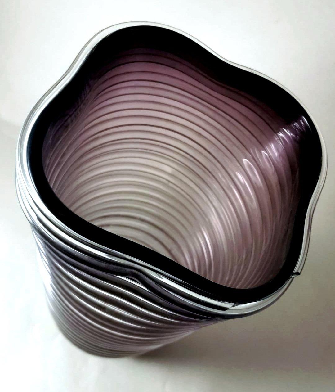 Murano Vase Purple Glass Irregular Shape And Glassy Threads On The Surface For Sale 2