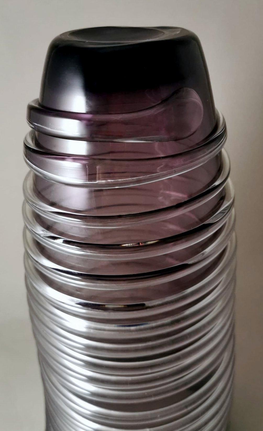 Murano Vase Purple Glass Irregular Shape And Glassy Threads On The Surface For Sale 6