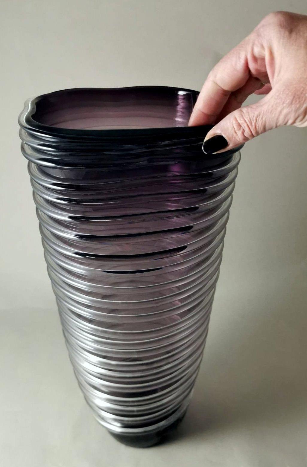 Murano Vase Purple Glass Irregular Shape And Glassy Threads On The Surface For Sale 8